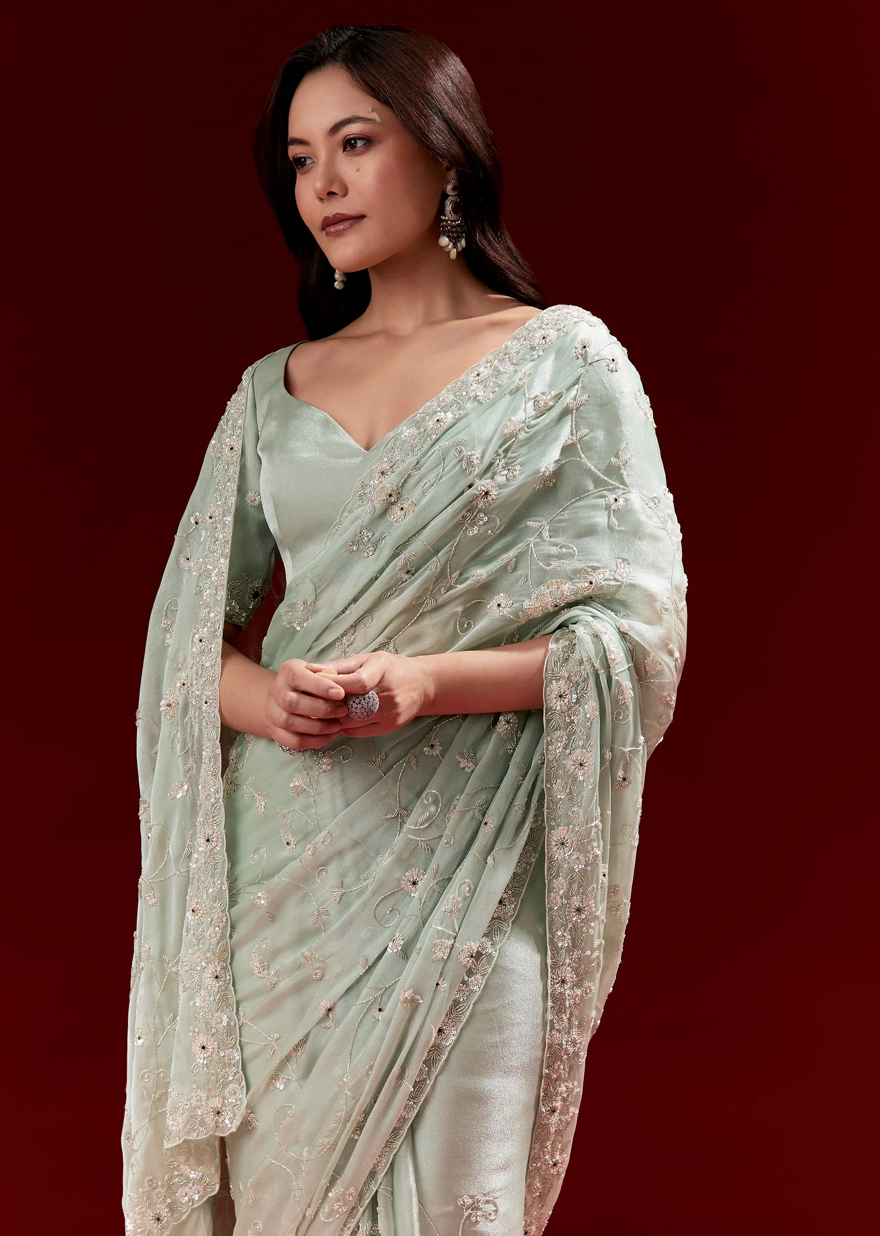 Mint Green Crepe Silk Saree With Heavy Floral Jaal Embroidery - Image 5