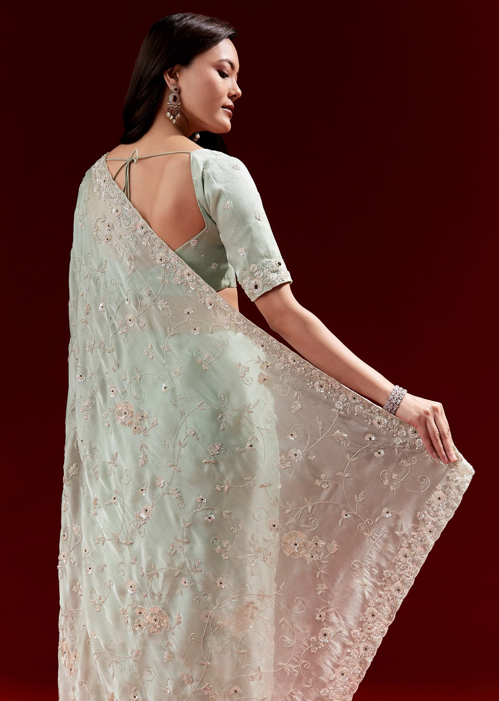 Mint Green Crepe Silk Saree With Heavy Floral Jaal Embroidery - Image 6