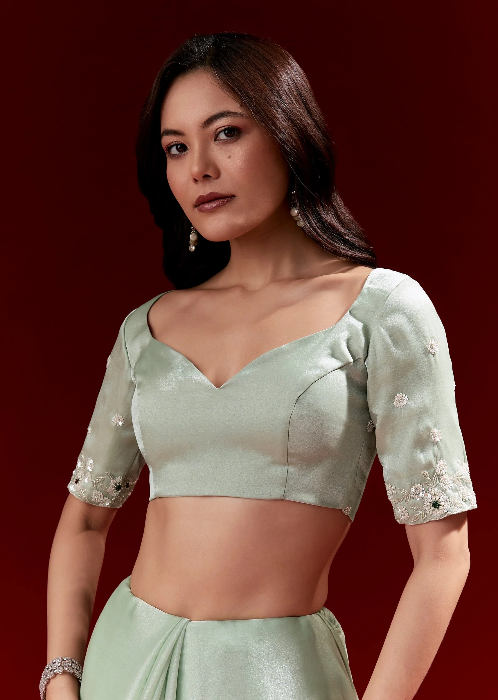Mint Green Crepe Silk Saree With Heavy Floral Jaal Embroidery - Image 7
