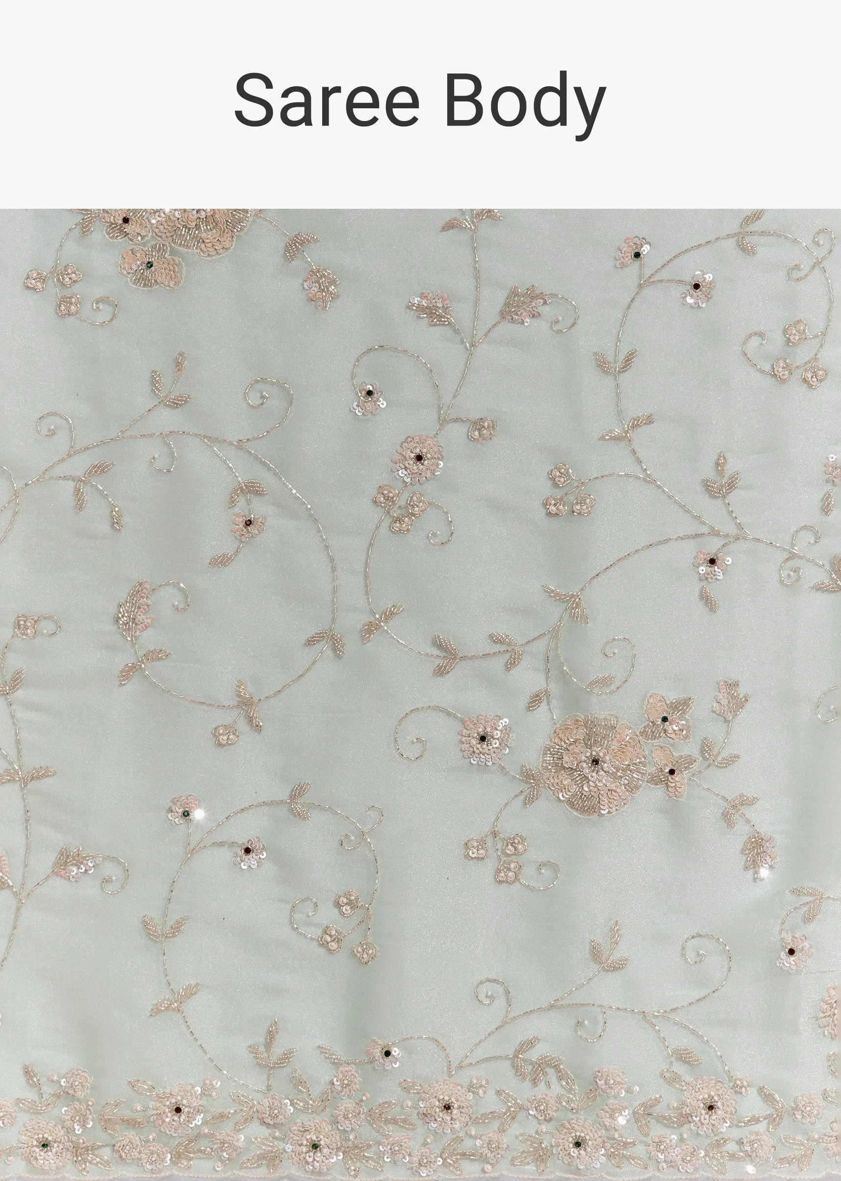Mint Green Crepe Silk Saree With Heavy Floral Jaal Embroidery - Image 9
