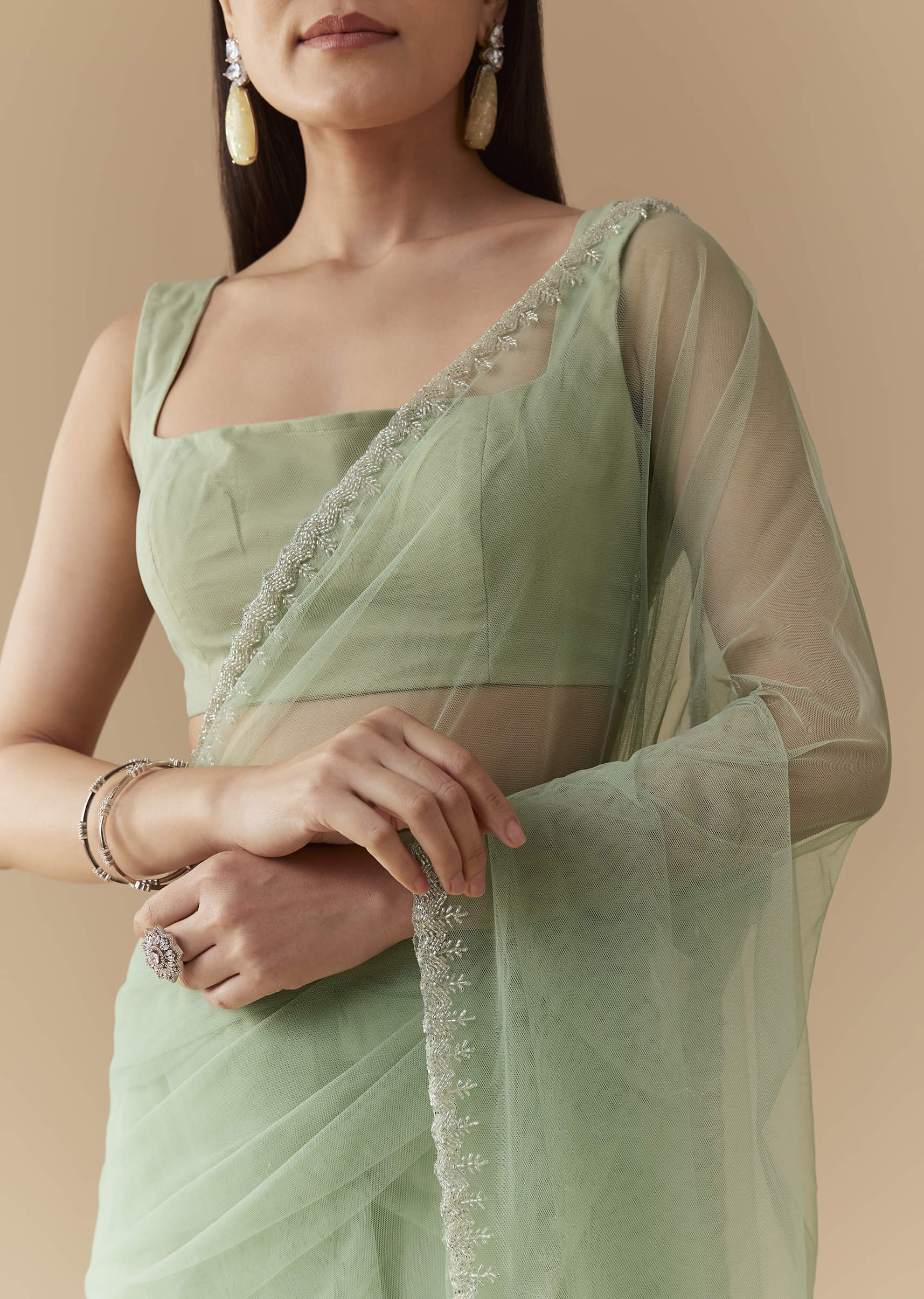 Mint Green Cutwork Embellished Saree with Unstitched Blouse - Image 2