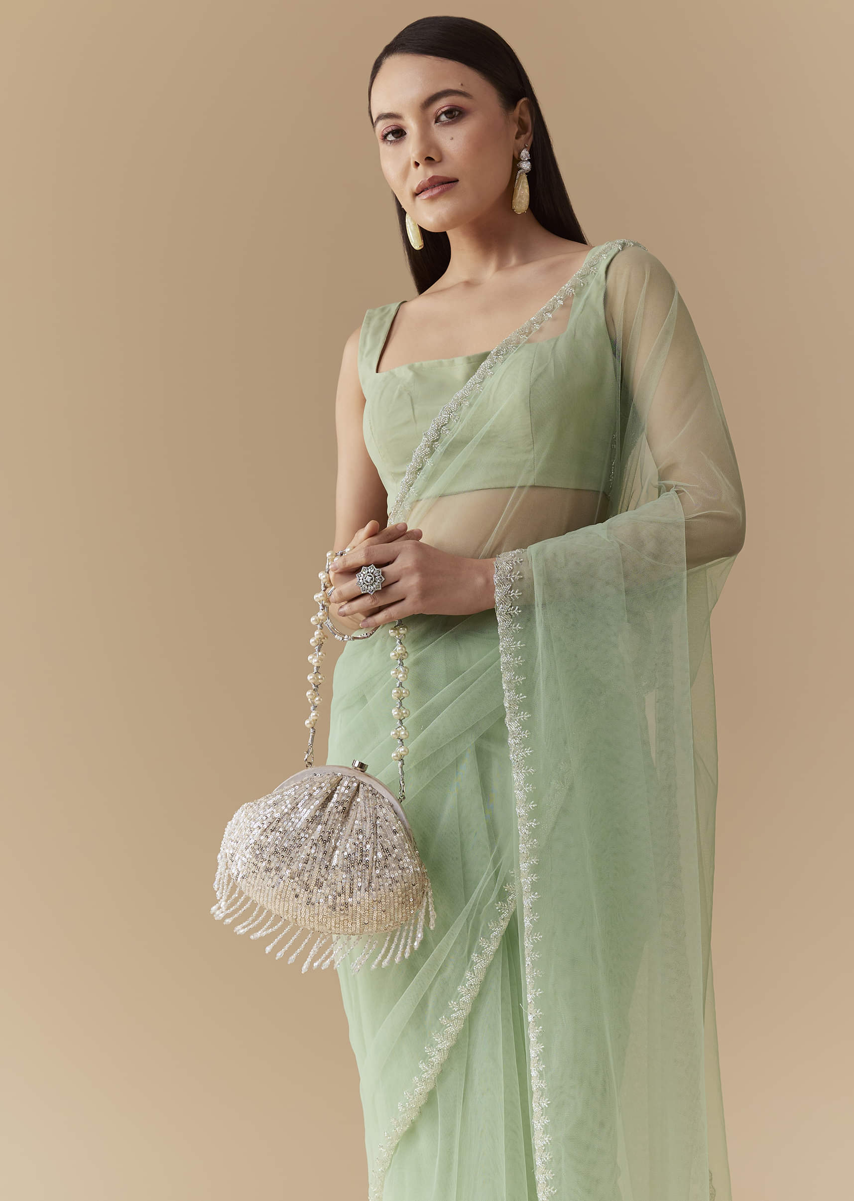 Mint Green Cutwork Embellished Saree with Unstitched Blouse - Image 5