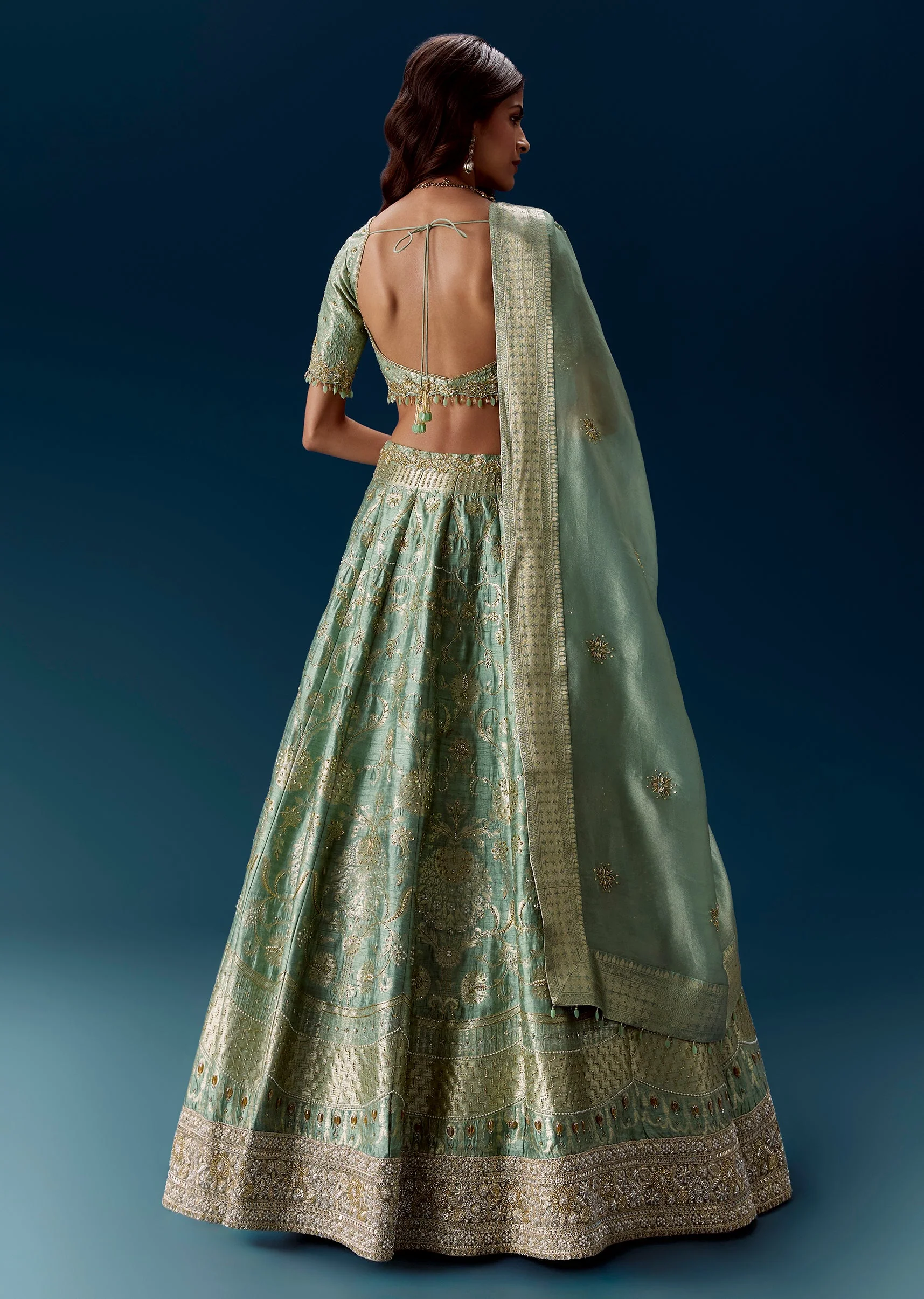 Mint Green Embroidered Bridal Lehenga With Dupatta - Image 2