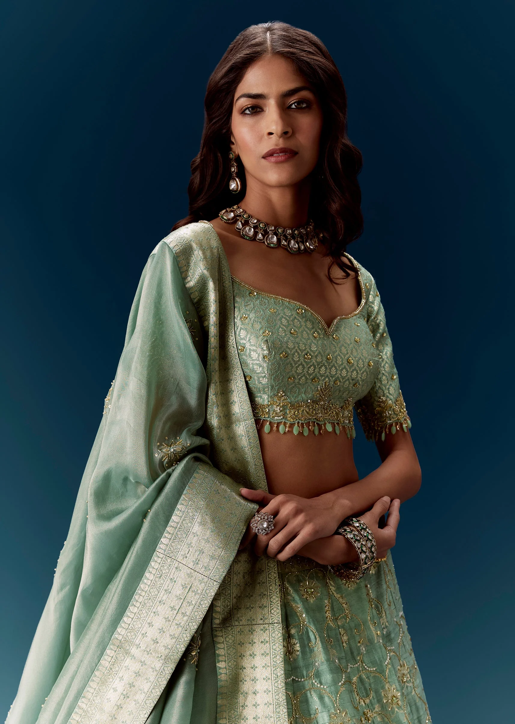 Mint Green Embroidered Bridal Lehenga With Dupatta - Image 3