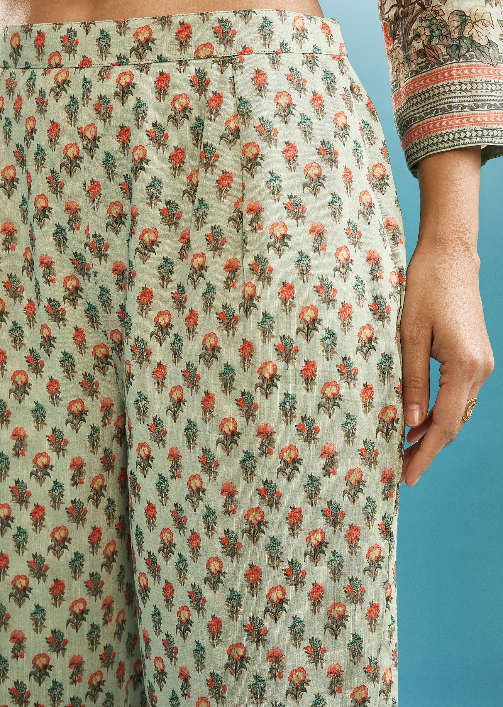Mint Green Floral Co-ord Set With Cut Dana And Sequins Work - Image 6