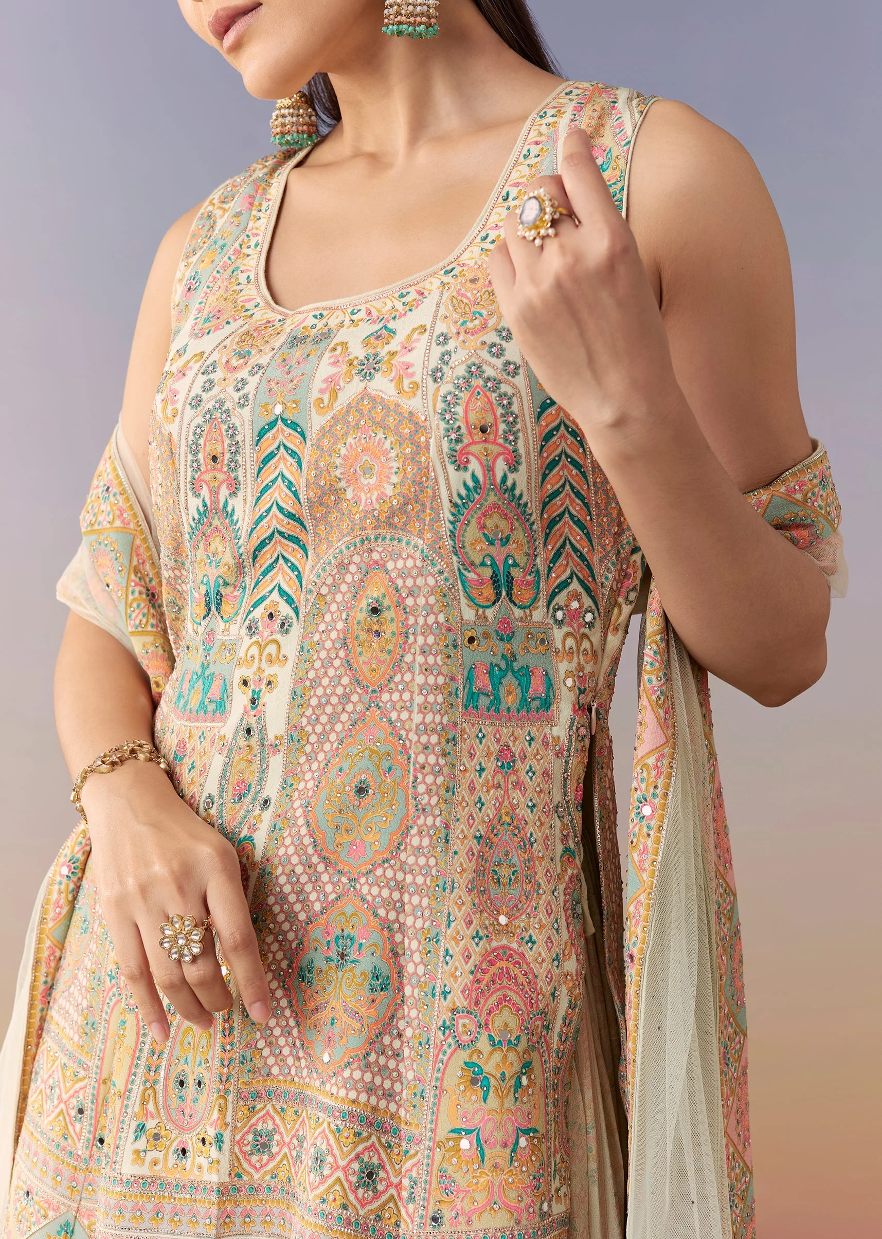 Mint Green Floral Embellished Palazzo Set With Dupatta - Image 2