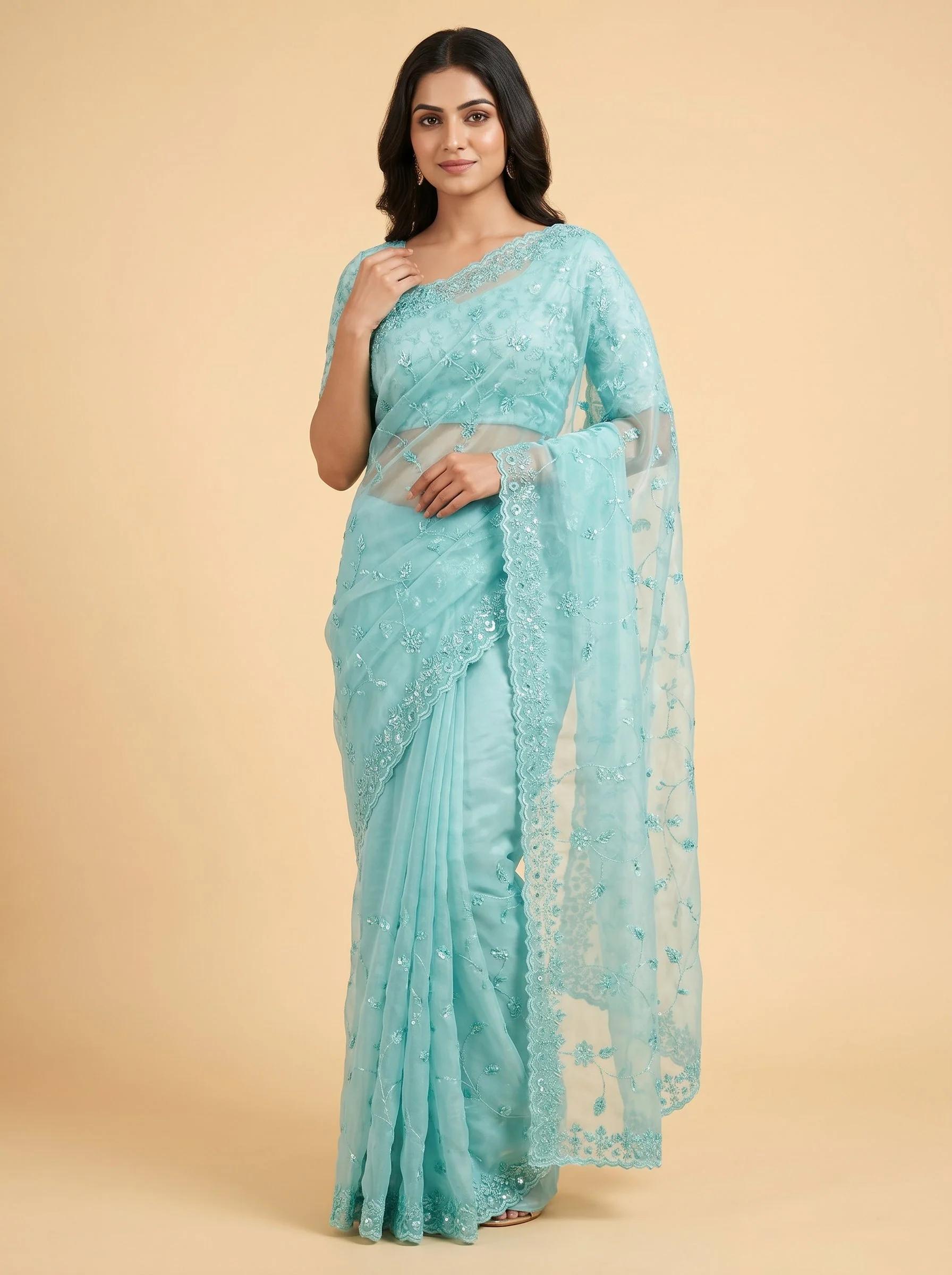 Mint Green Fresh Detailing Embroidered Saree
