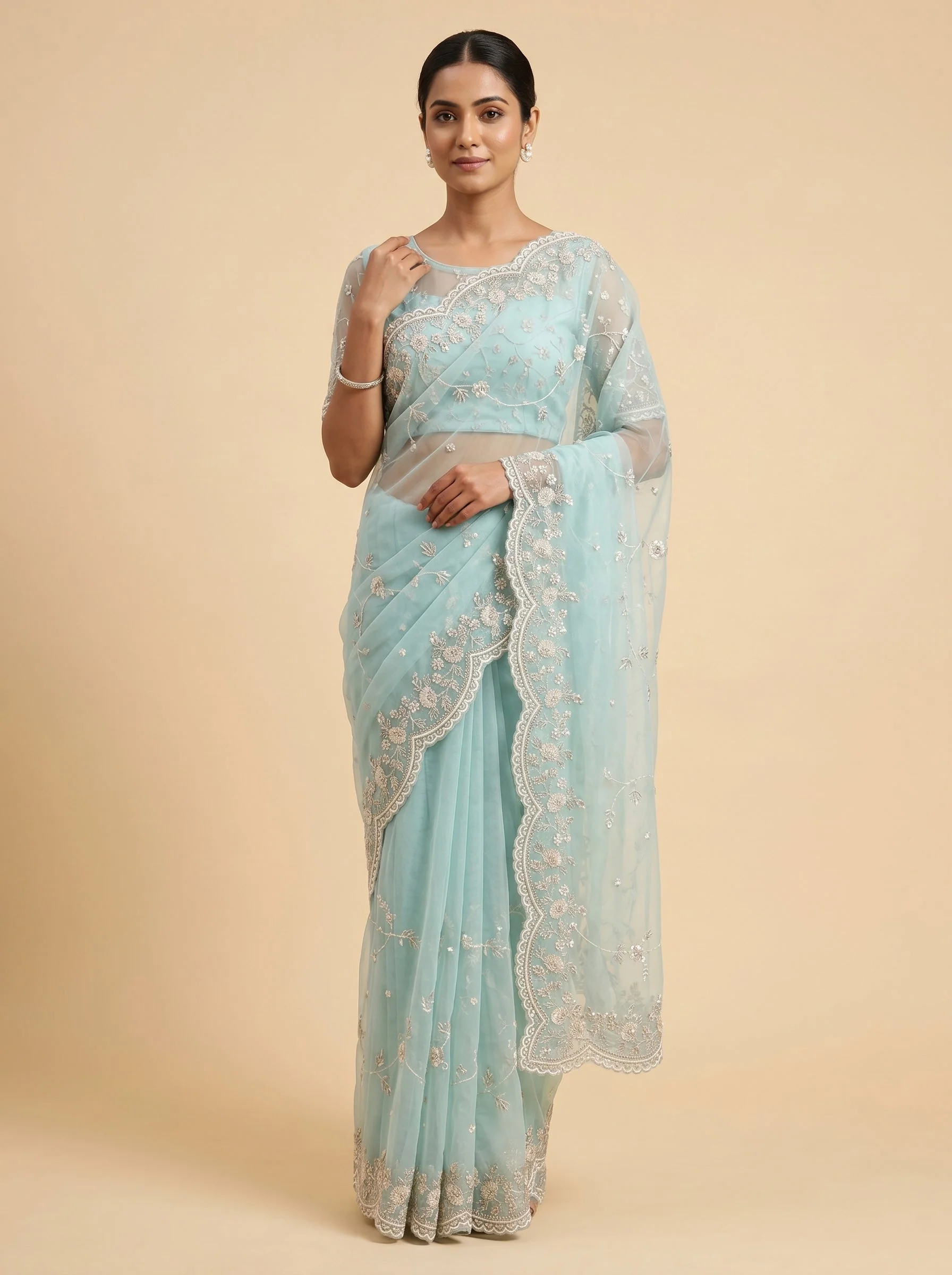 Mint Green Fresh Embroidered Saree