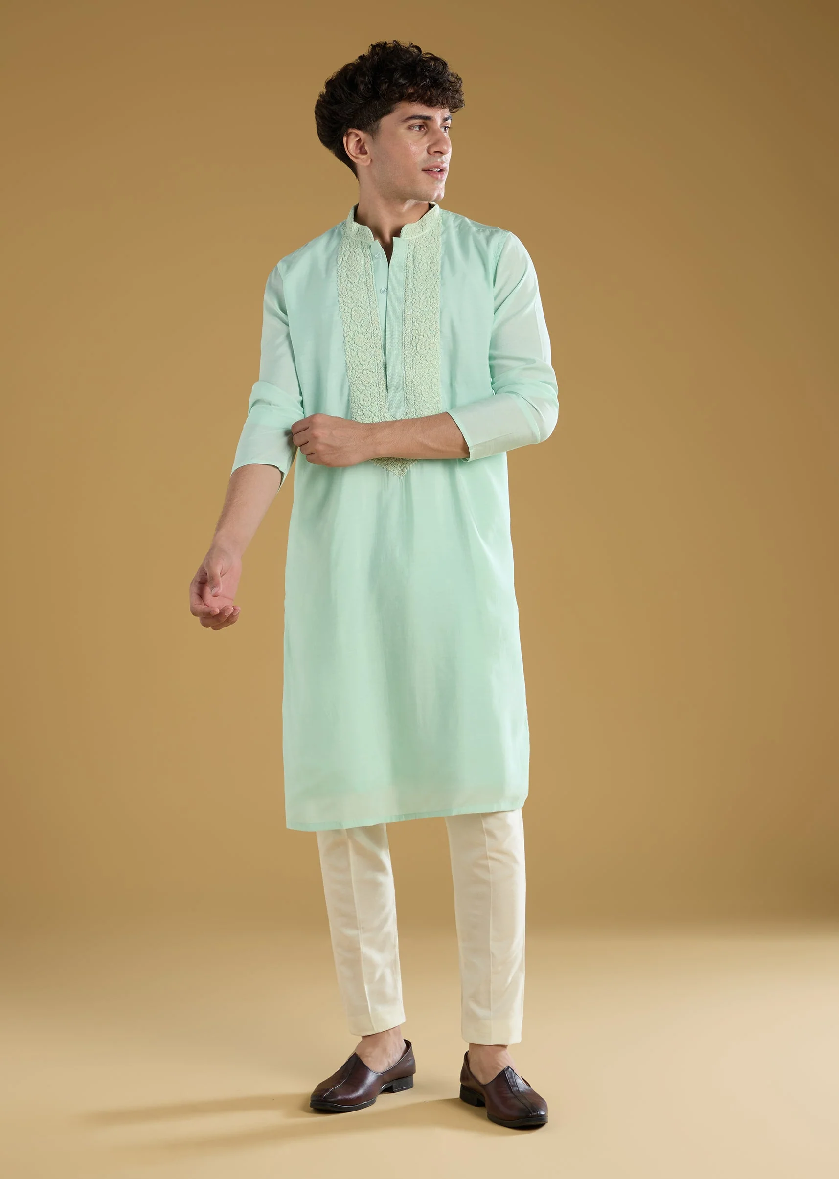 Mint Green Mens Kurta Set With Thread Detail - Image 2