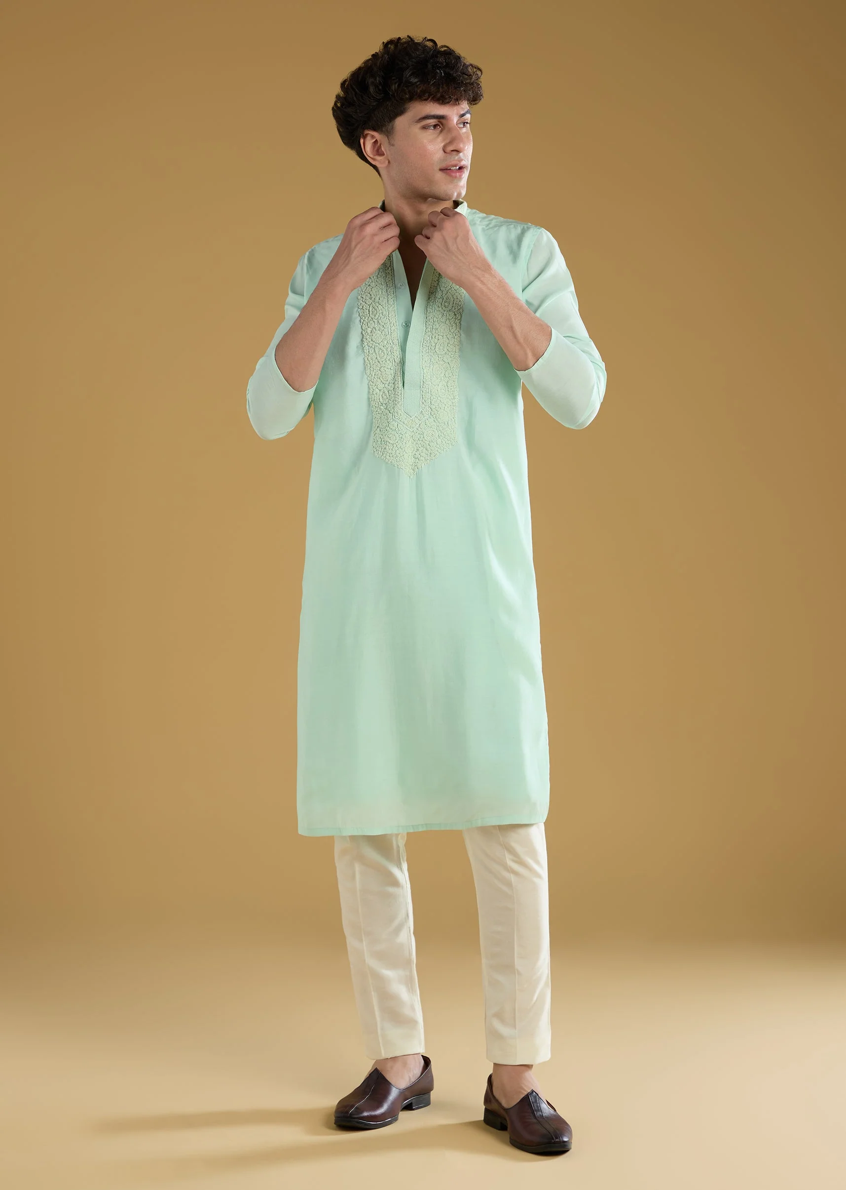 Mint Green Mens Kurta Set With Thread Detail - Image 4
