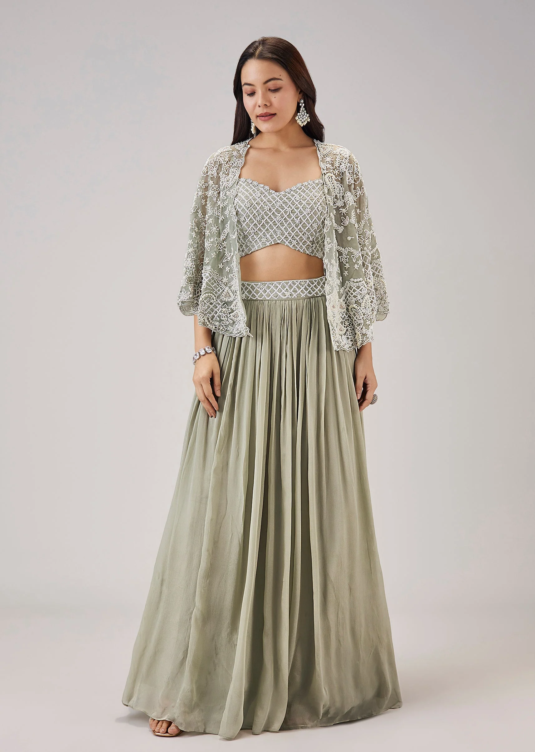 Mint Green Moti And Cut Dana Work Cape Lehenga