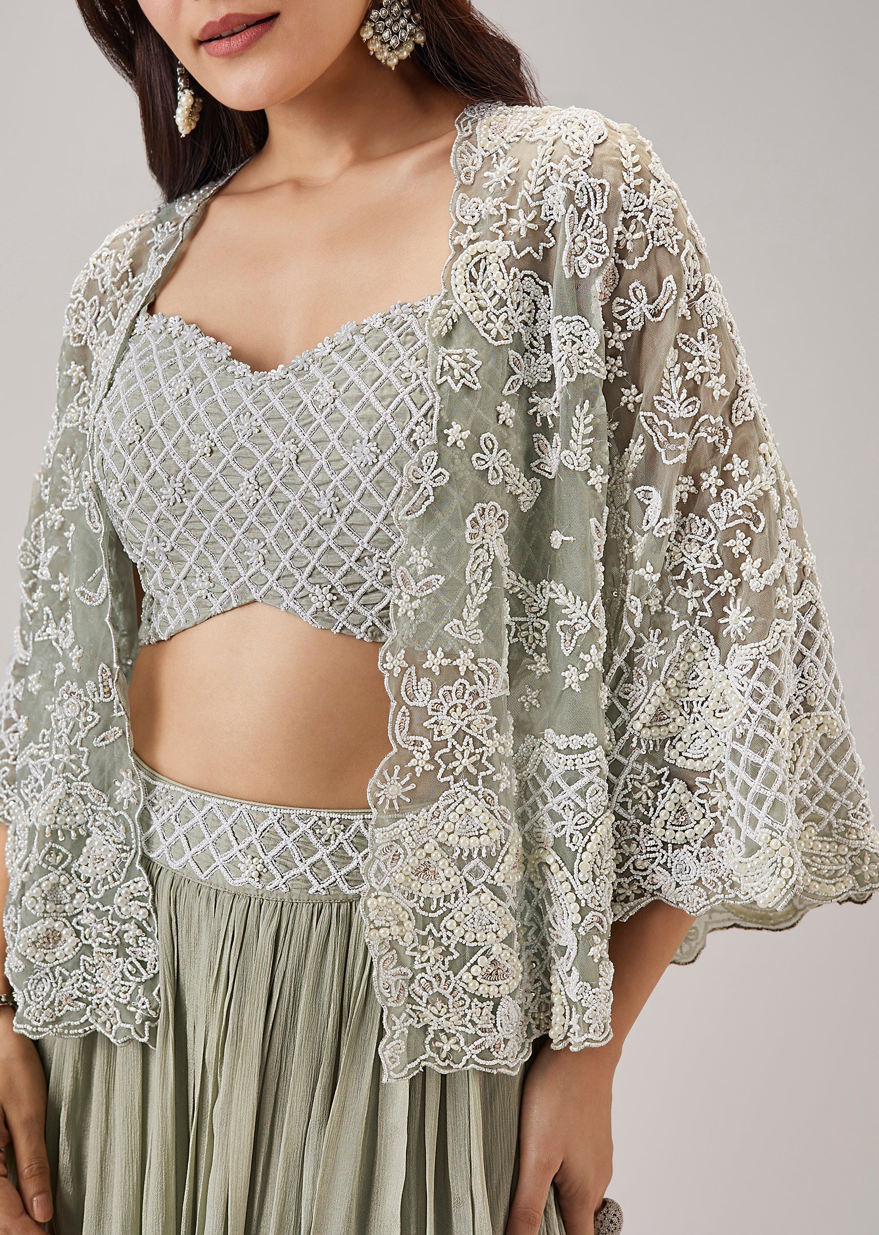 Mint Green Moti And Cut Dana Work Cape Lehenga - Image 2