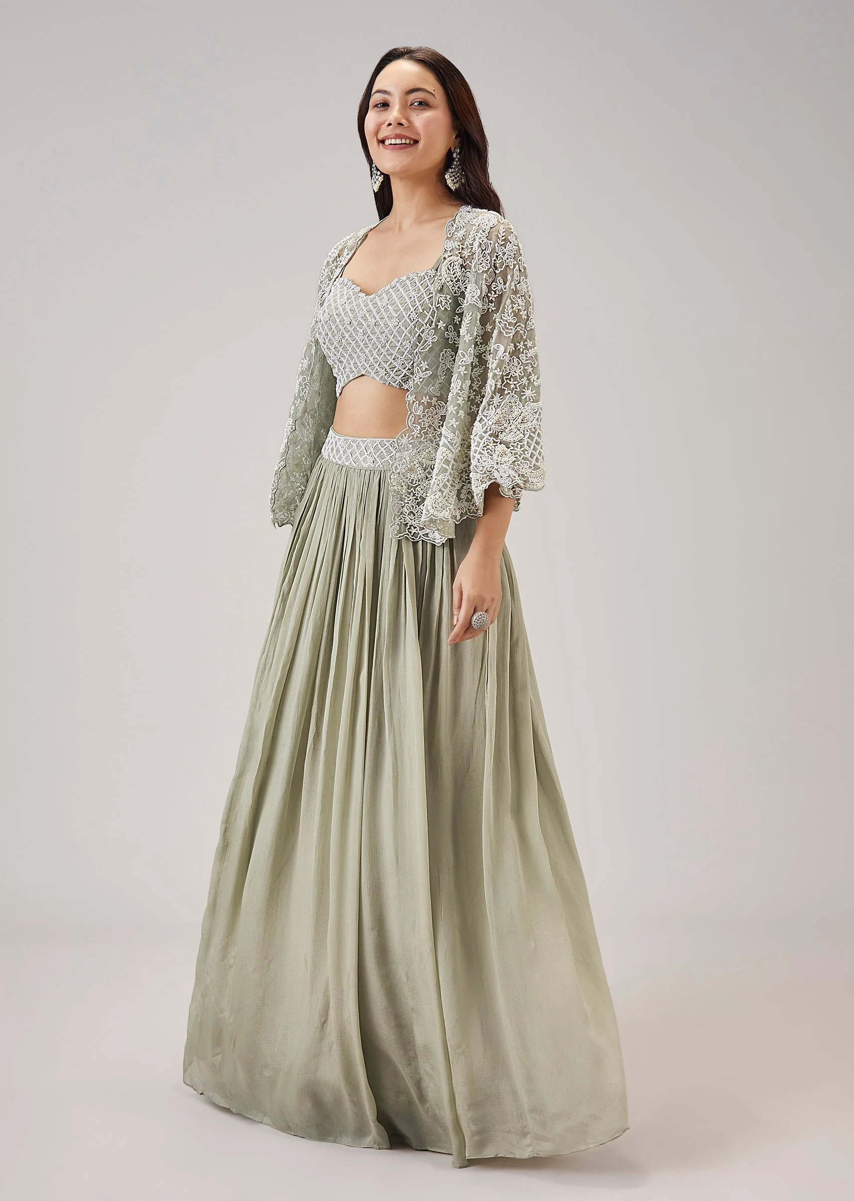 Mint Green Moti And Cut Dana Work Cape Lehenga - Image 3