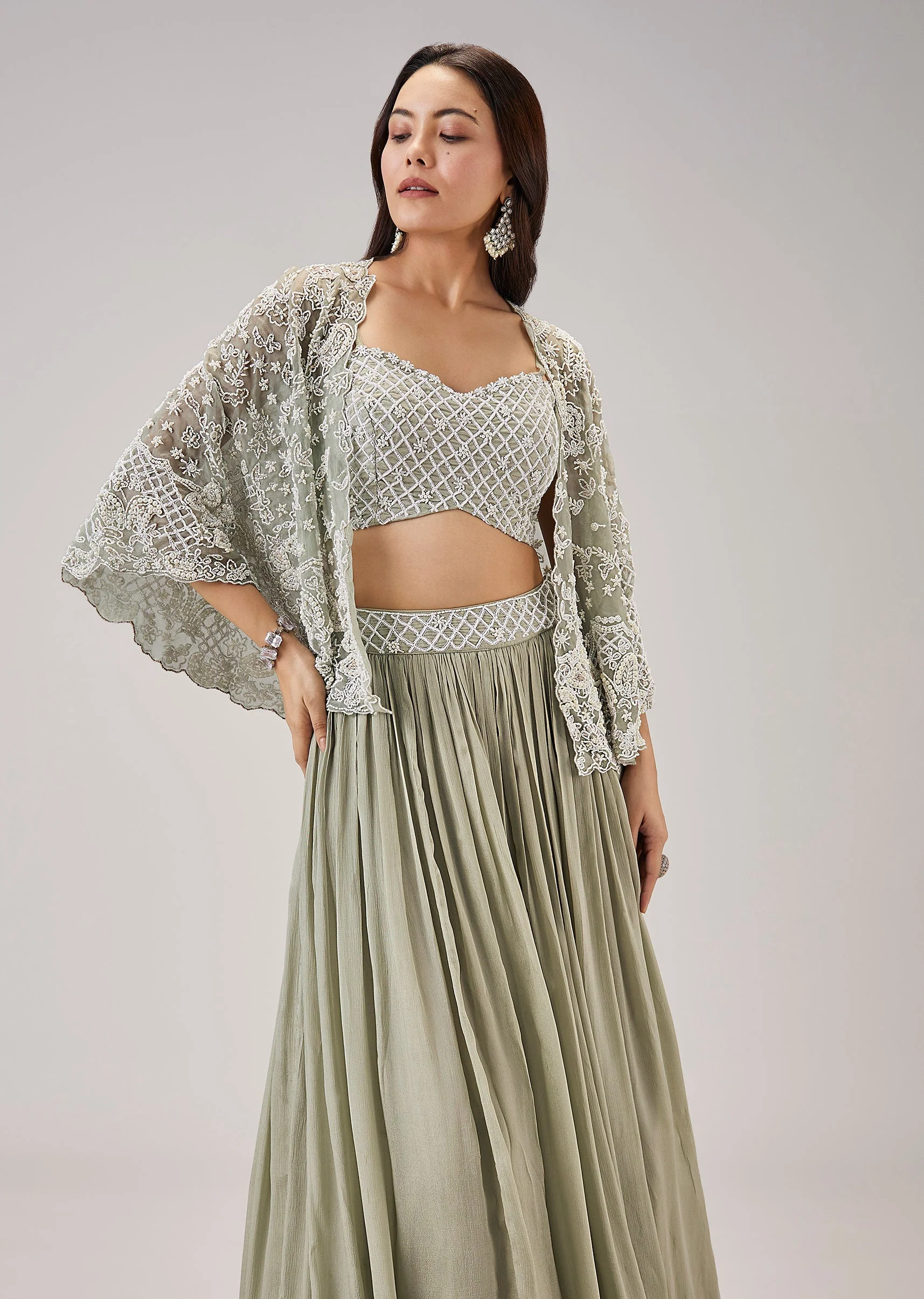 Mint Green Moti And Cut Dana Work Cape Lehenga - Image 4