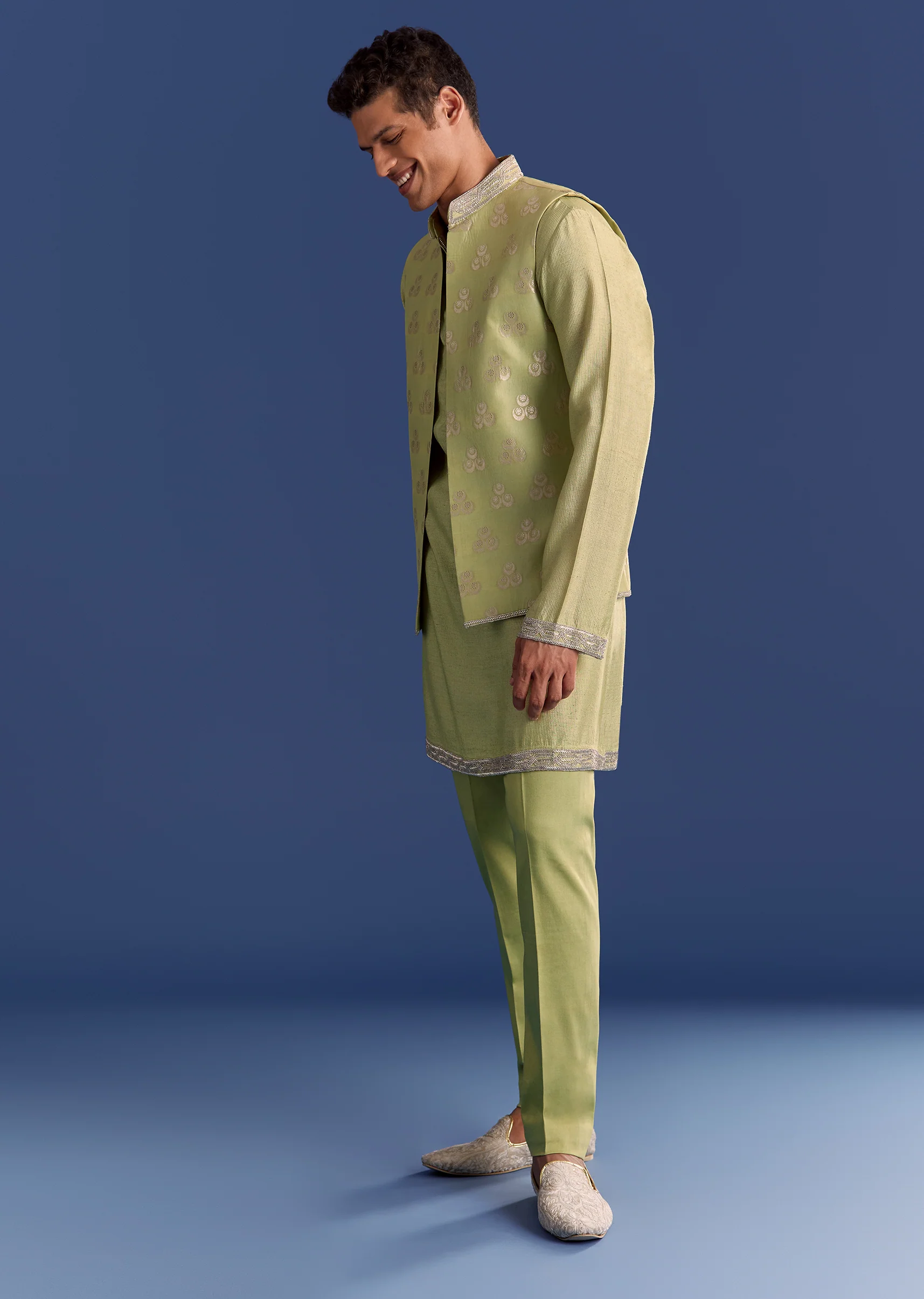Mint Green Munga Silk Kurta Jacket Set With Hand Embroidery - Image 4
