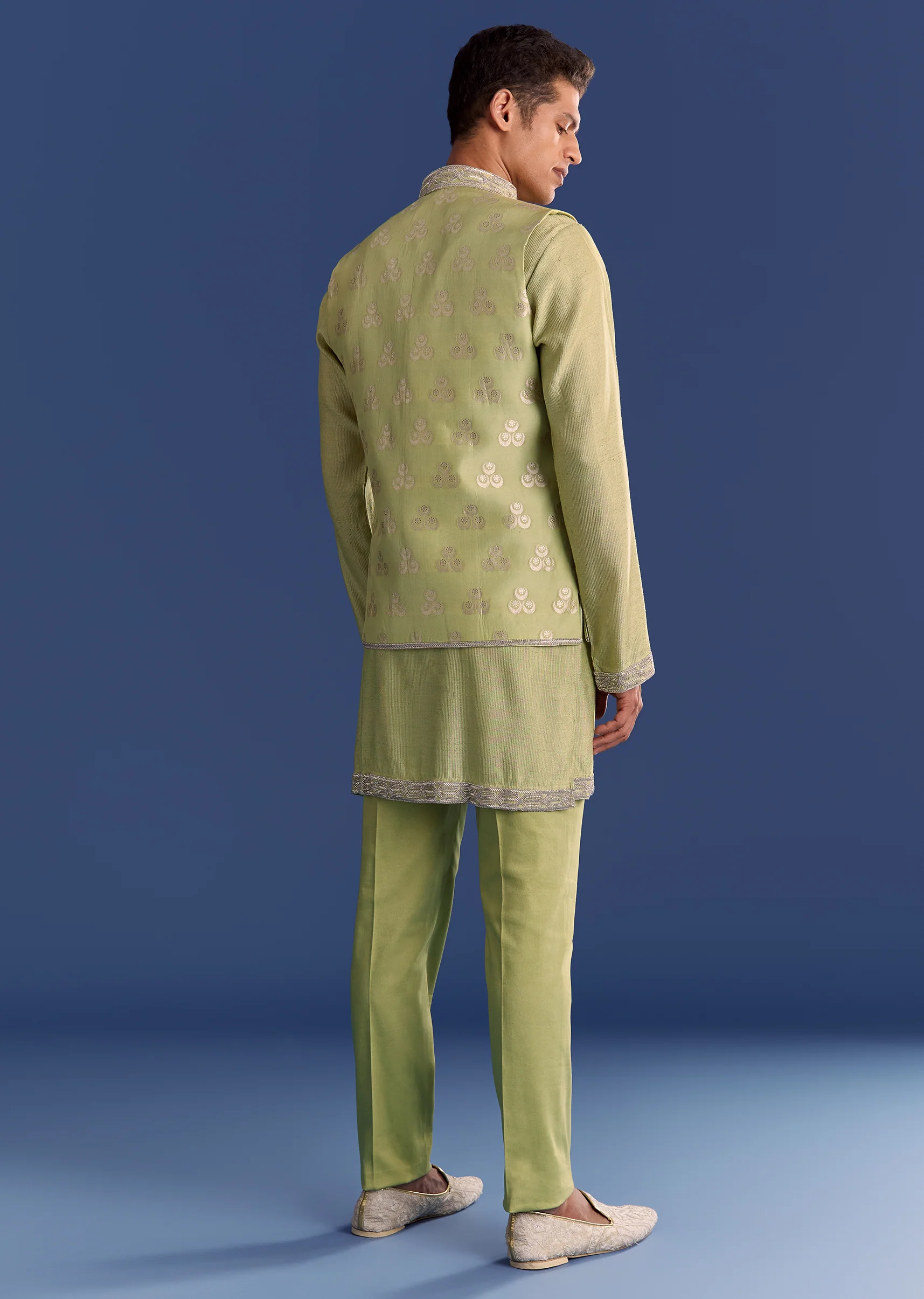 Mint Green Munga Silk Kurta Jacket Set With Hand Embroidery - Image 5