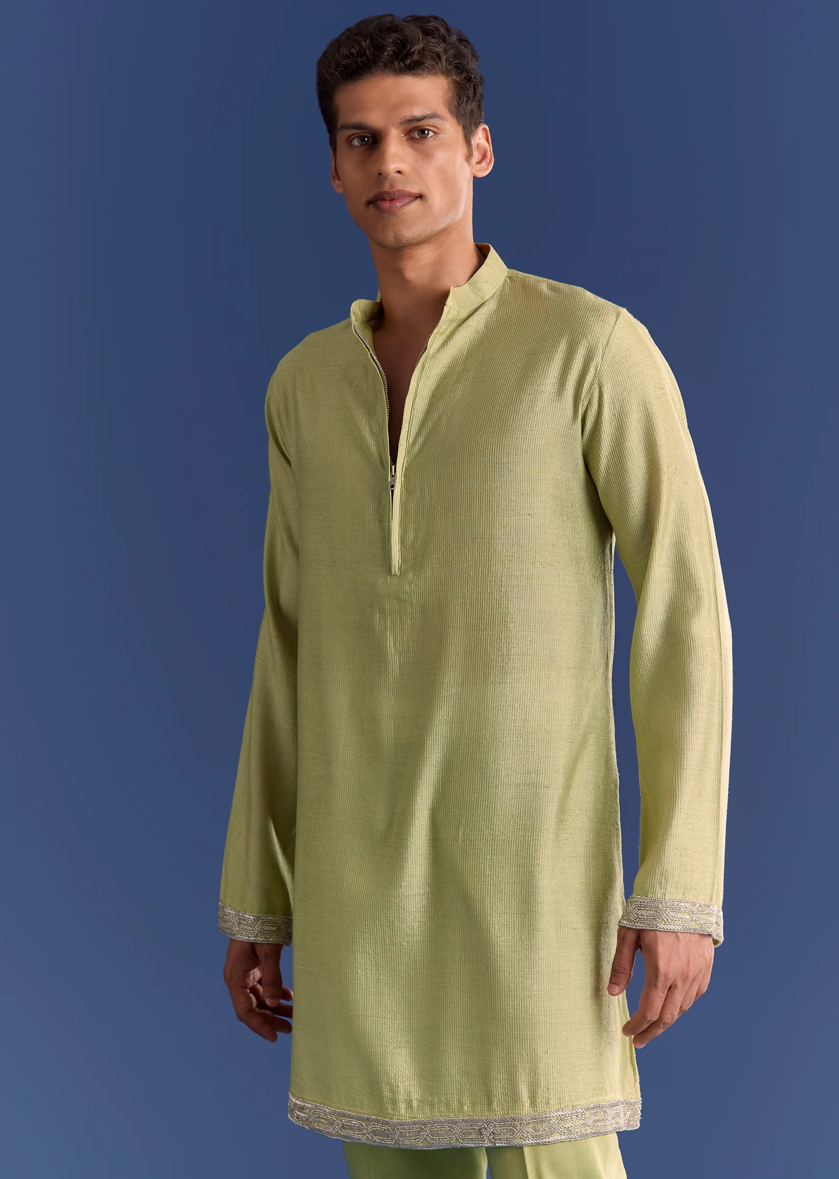 Mint Green Munga Silk Kurta Jacket Set With Hand Embroidery - Image 6