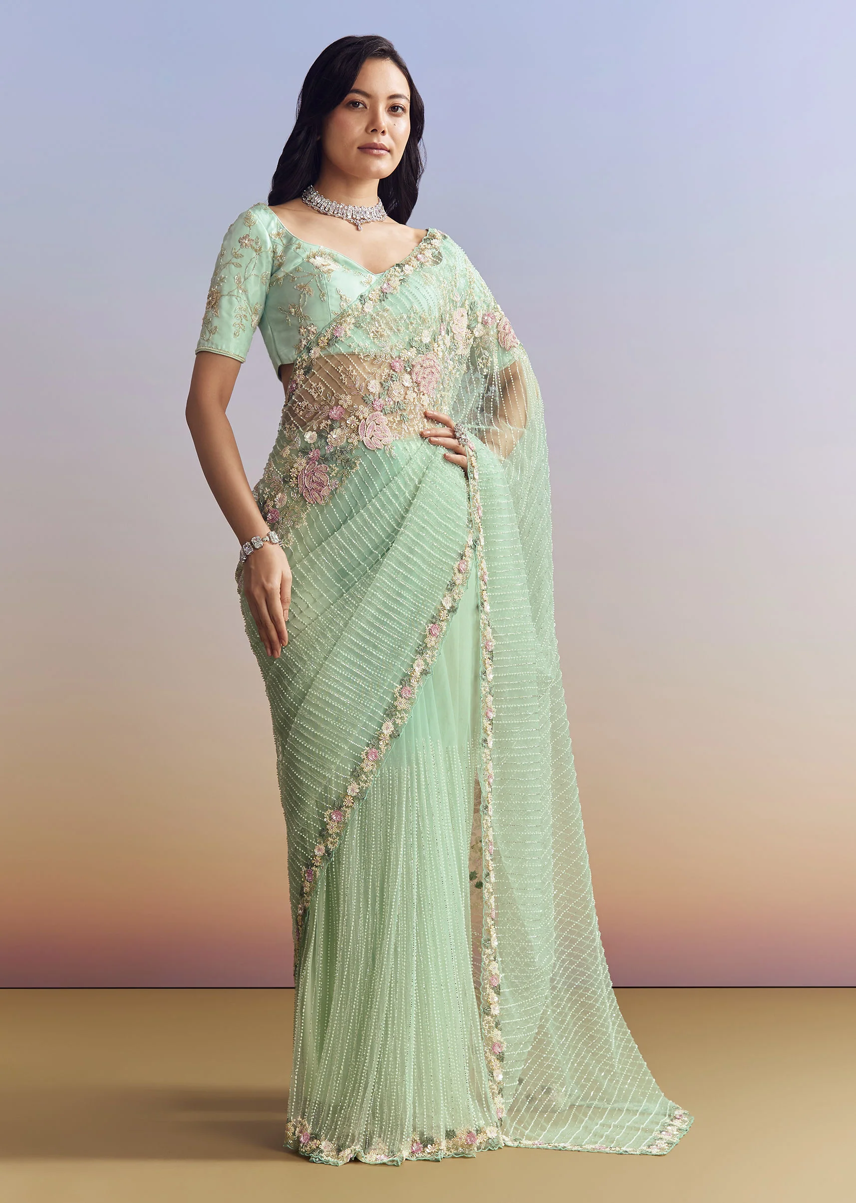 Mint Green Net Saree With Heavily Embroidered Border - Image 2