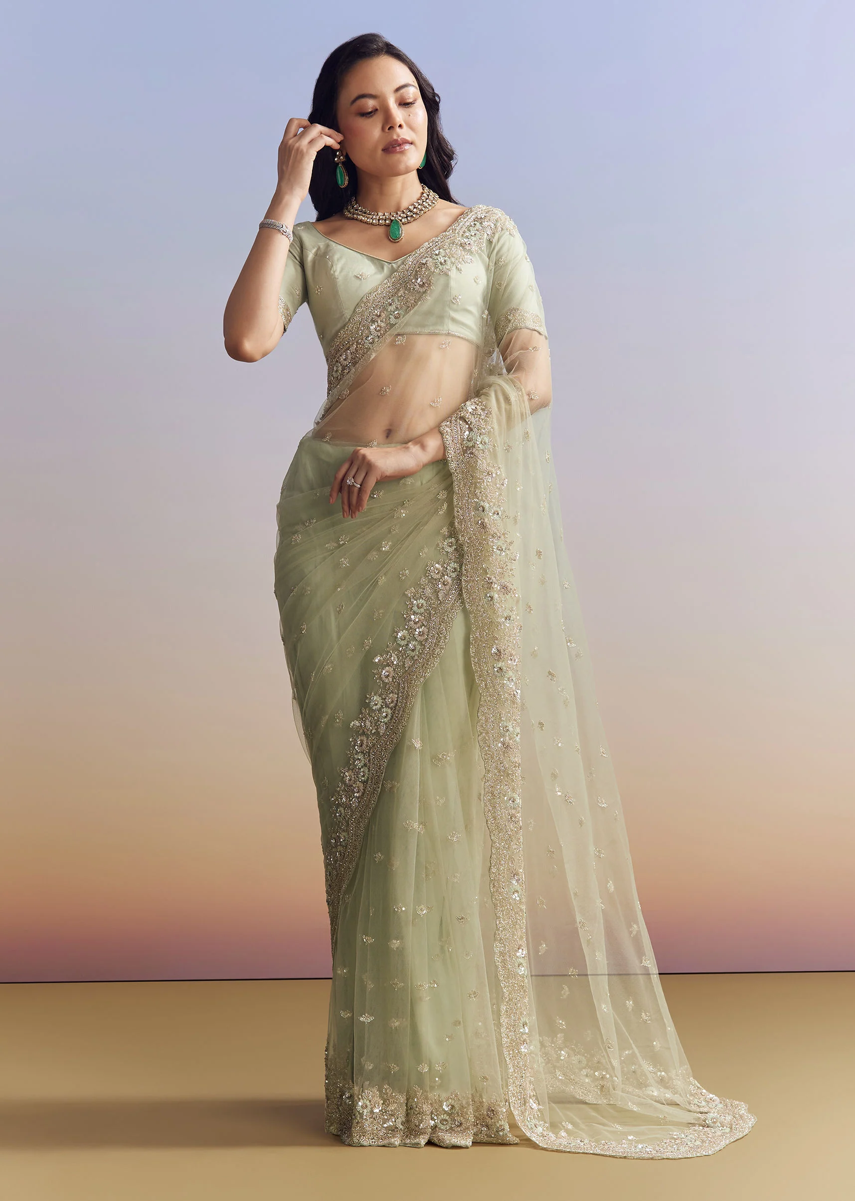 Mint Green Net Saree With Scallop Border And Heavy Embroidery - Image 2