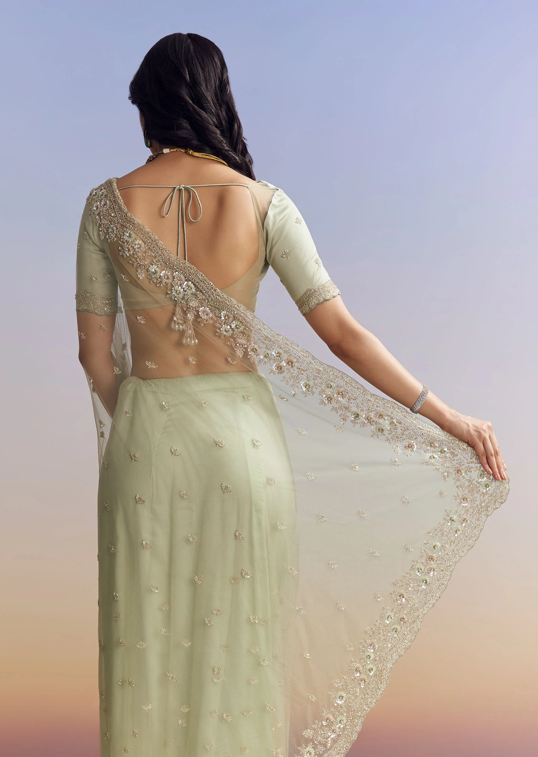 Mint Green Net Saree With Scallop Border And Heavy Embroidery - Image 4
