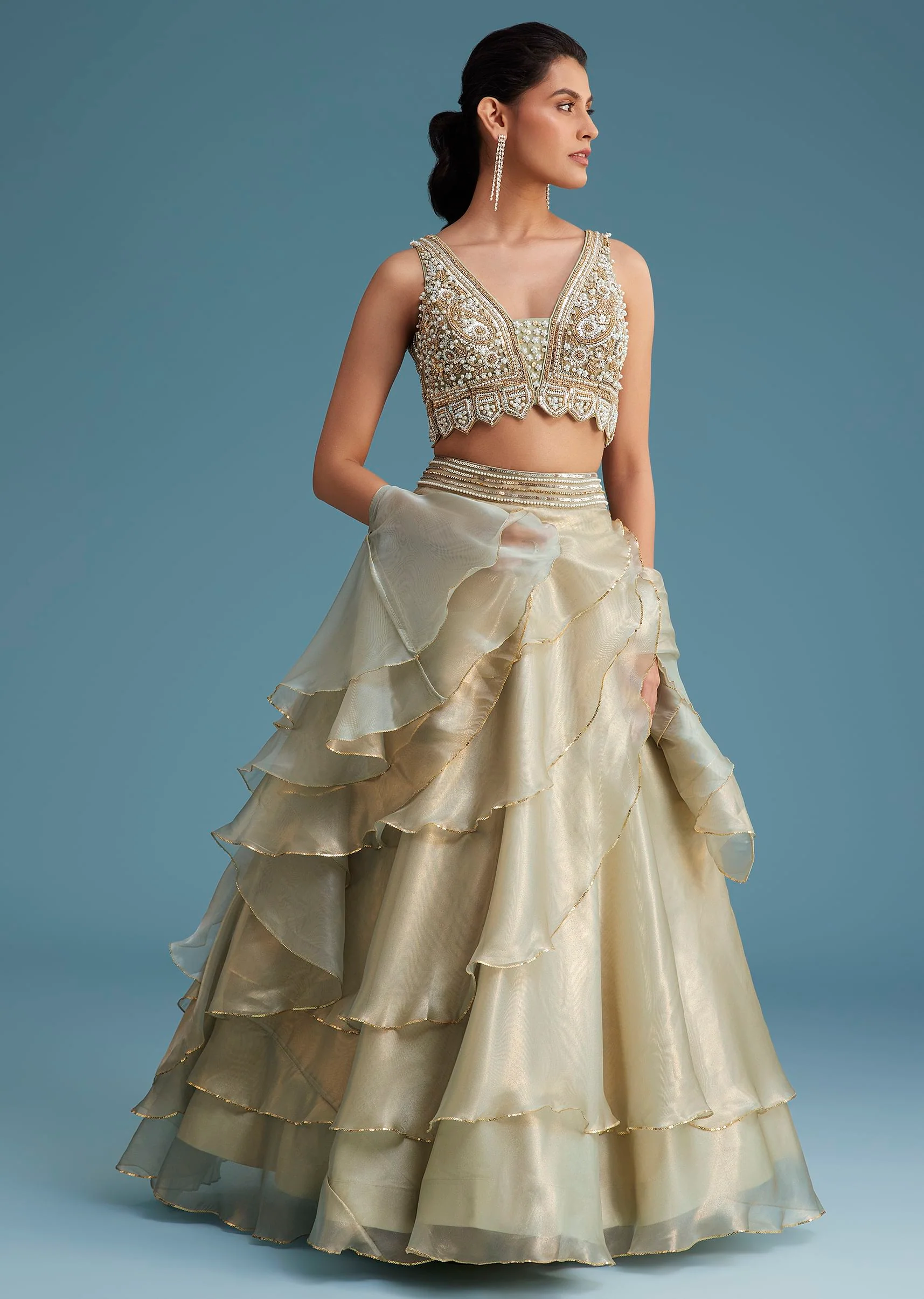 Mint Green Organza Layered Lehenga Set - Image 3