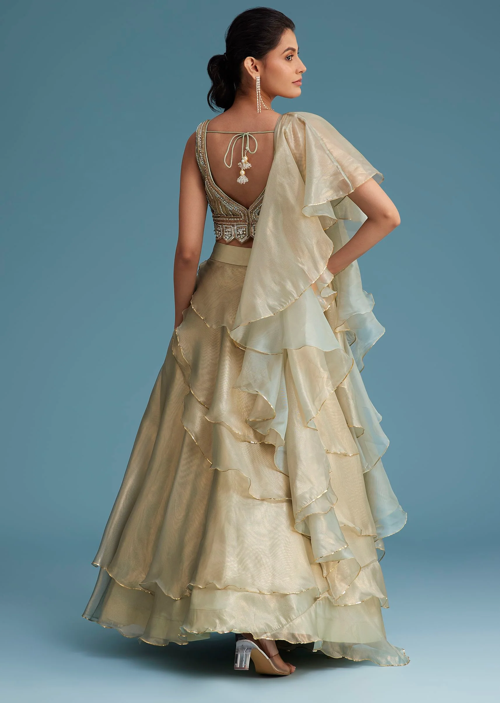 Mint Green Organza Layered Lehenga Set - Image 5