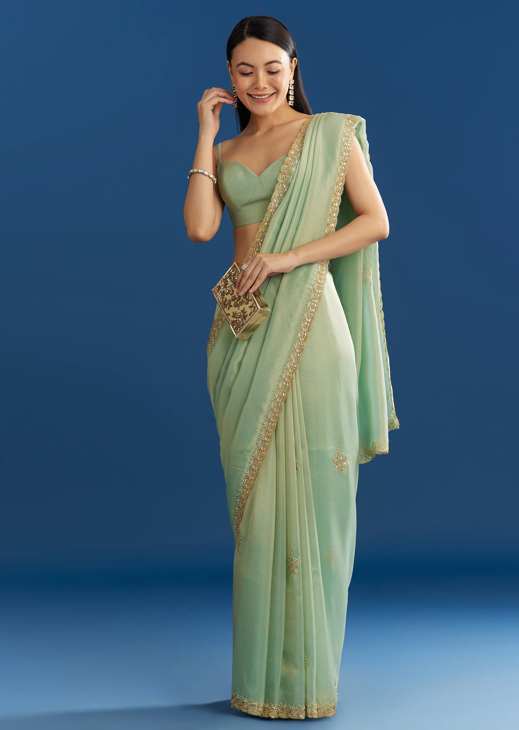 Mint Green Organza Tissue Saree With Subtle Embroidery - Image 3