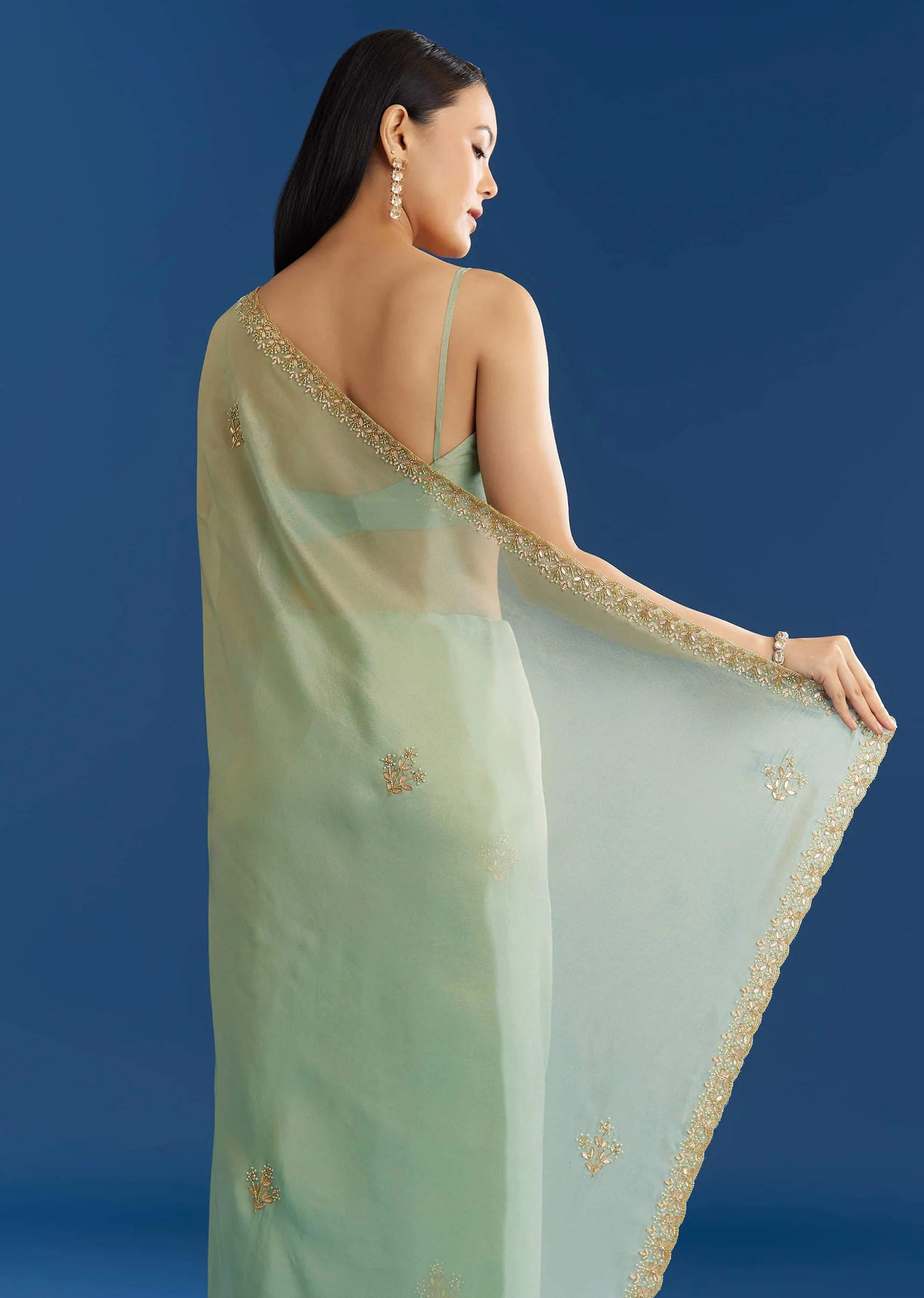Mint Green Organza Tissue Saree With Subtle Embroidery - Image 4