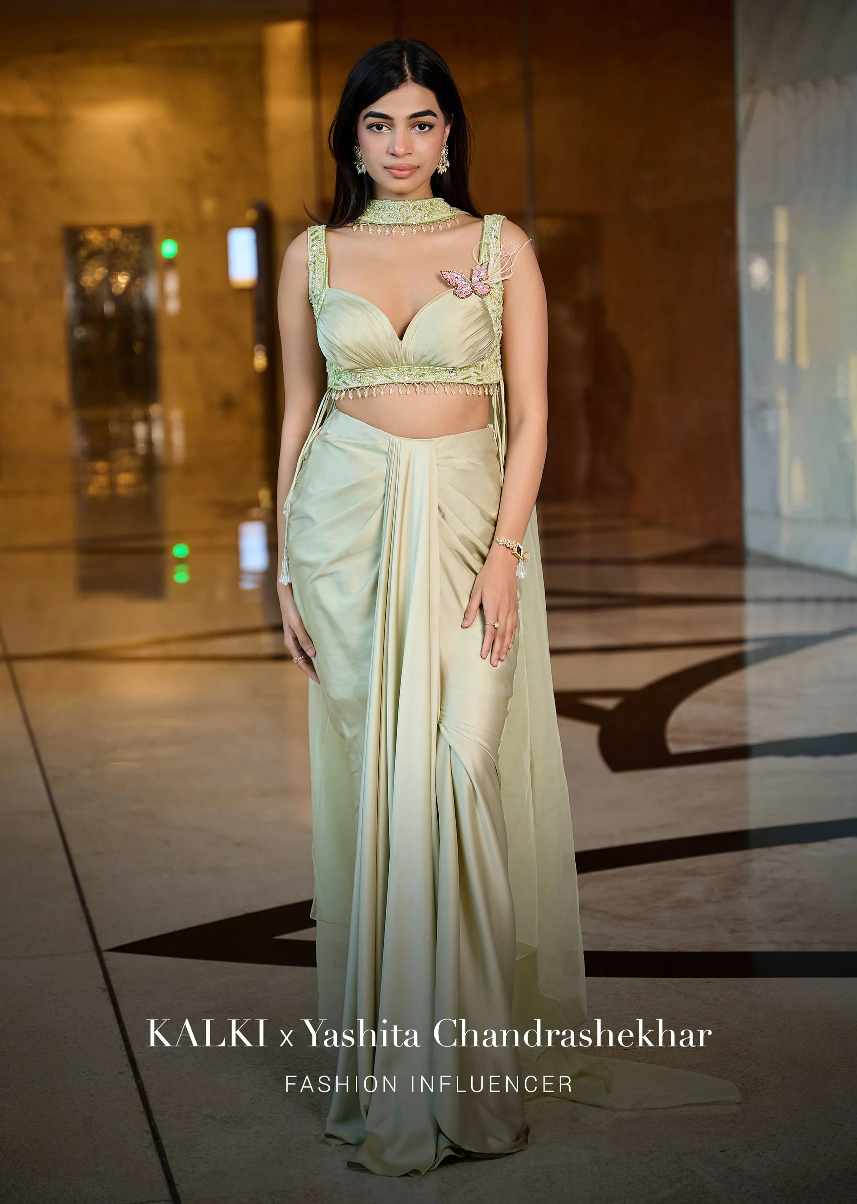 Mint Green Pleated Blouse With Draped Skirt And Choker Dupatta - Image 4