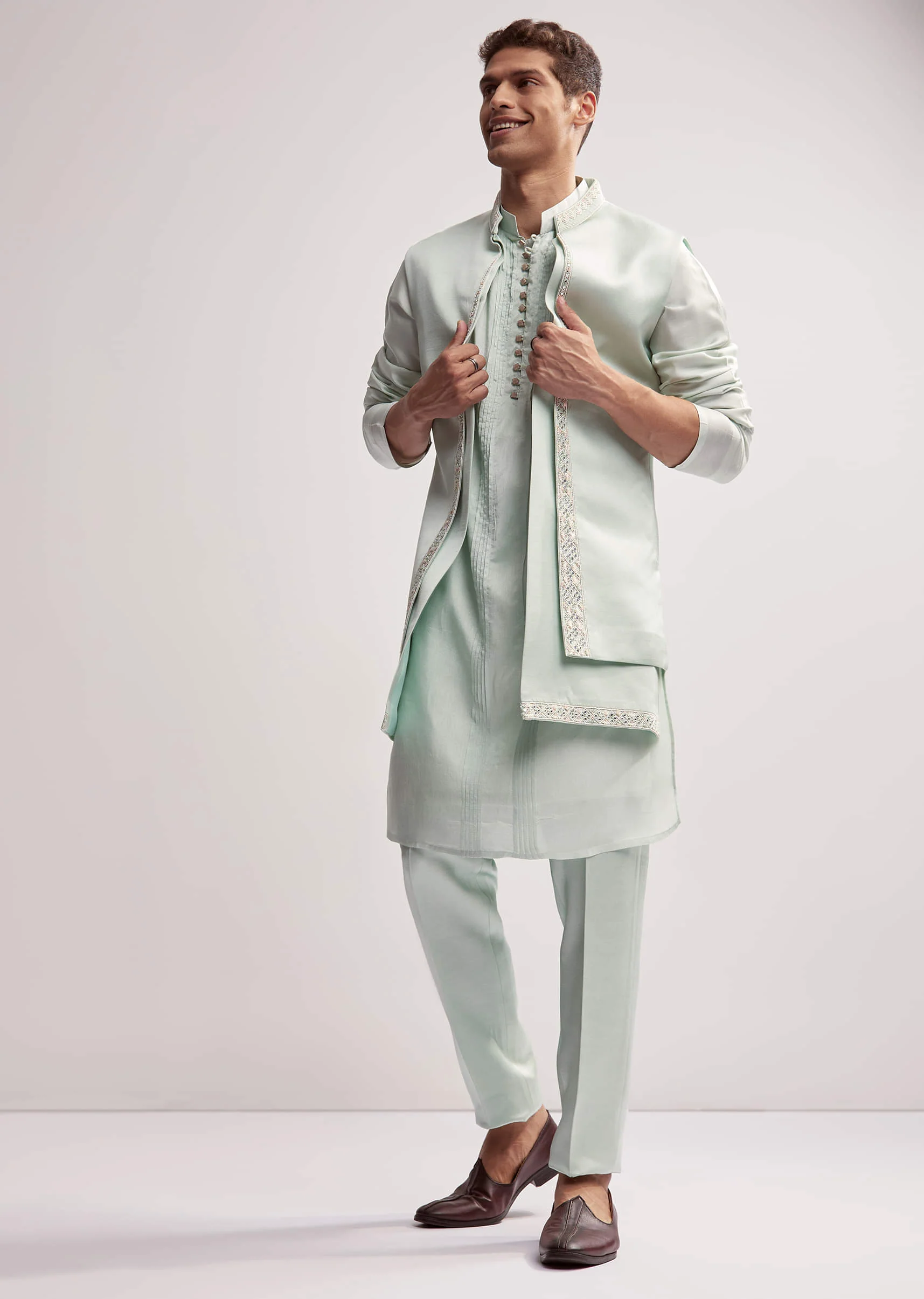Mint Green Satin Blend Kurta Jacket Set For Men With Zardosi Work - Image 4