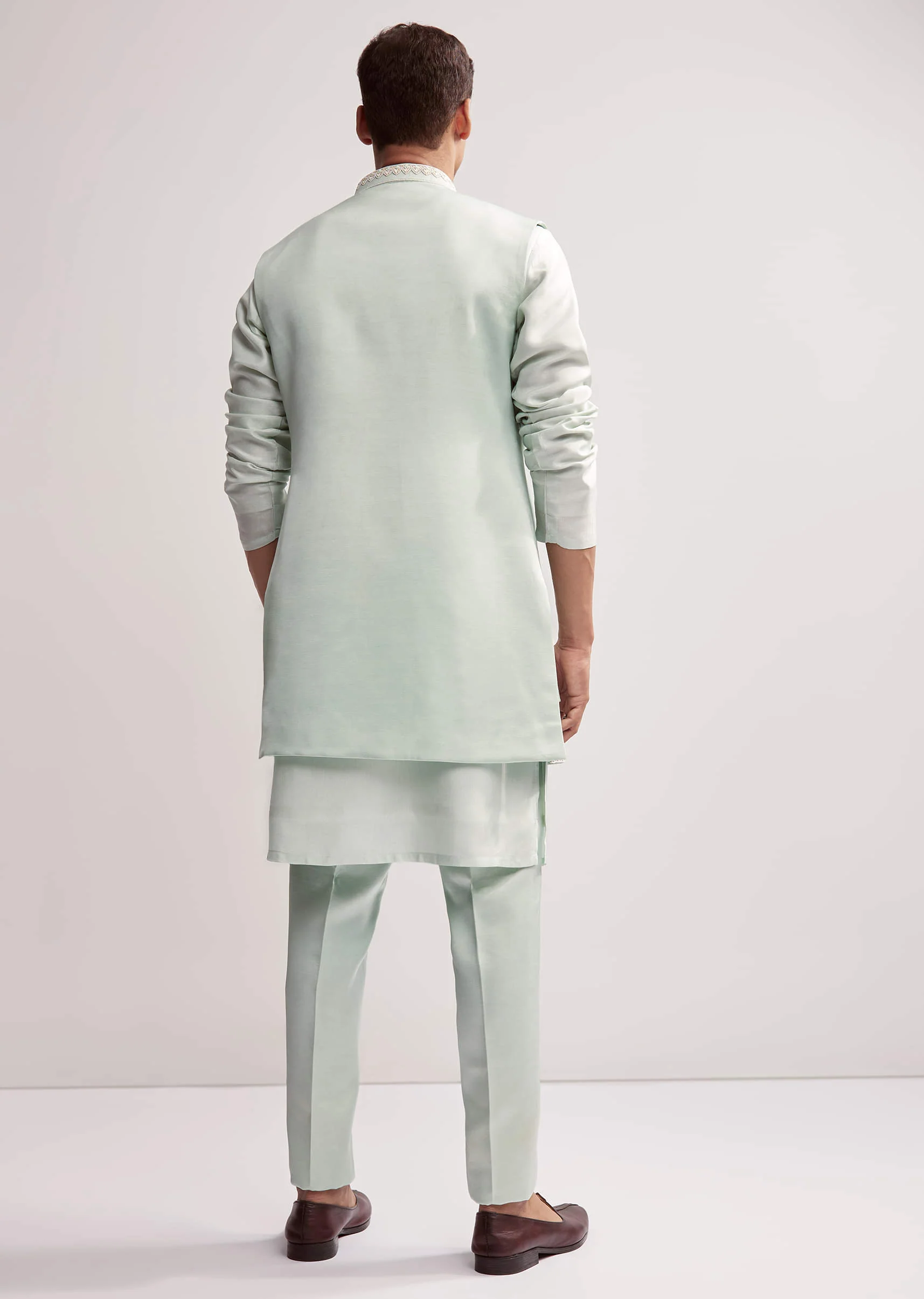 Mint Green Satin Blend Kurta Jacket Set For Men With Zardosi Work - Image 5