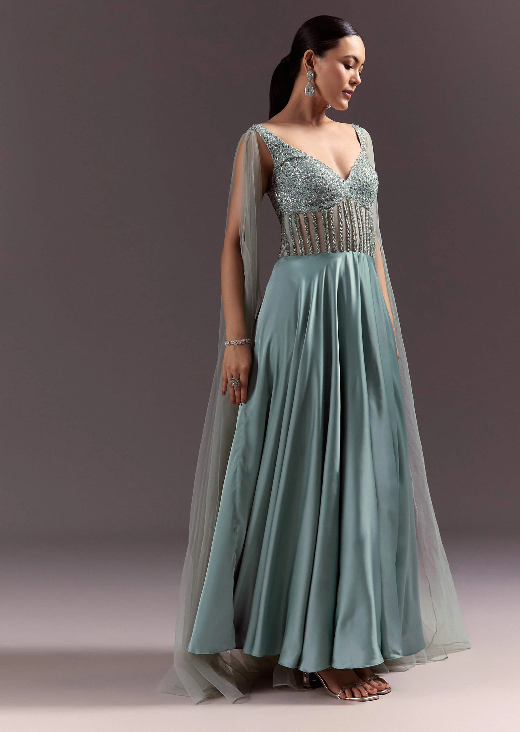Mint Green Satin Gown With Corset Style Embroidered Bodice - Image 3