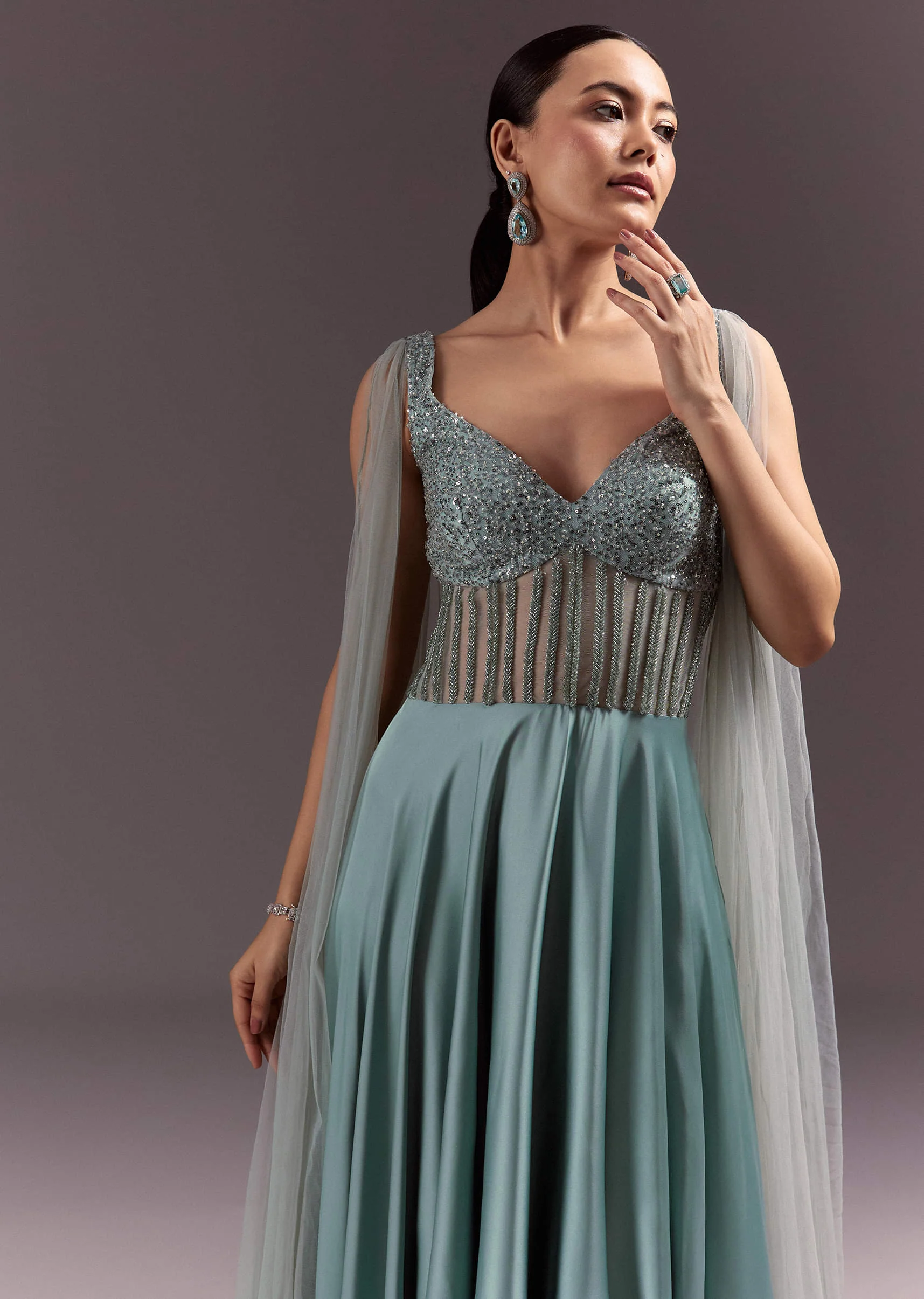 Mint Green Satin Gown With Corset Style Embroidered Bodice - Image 4