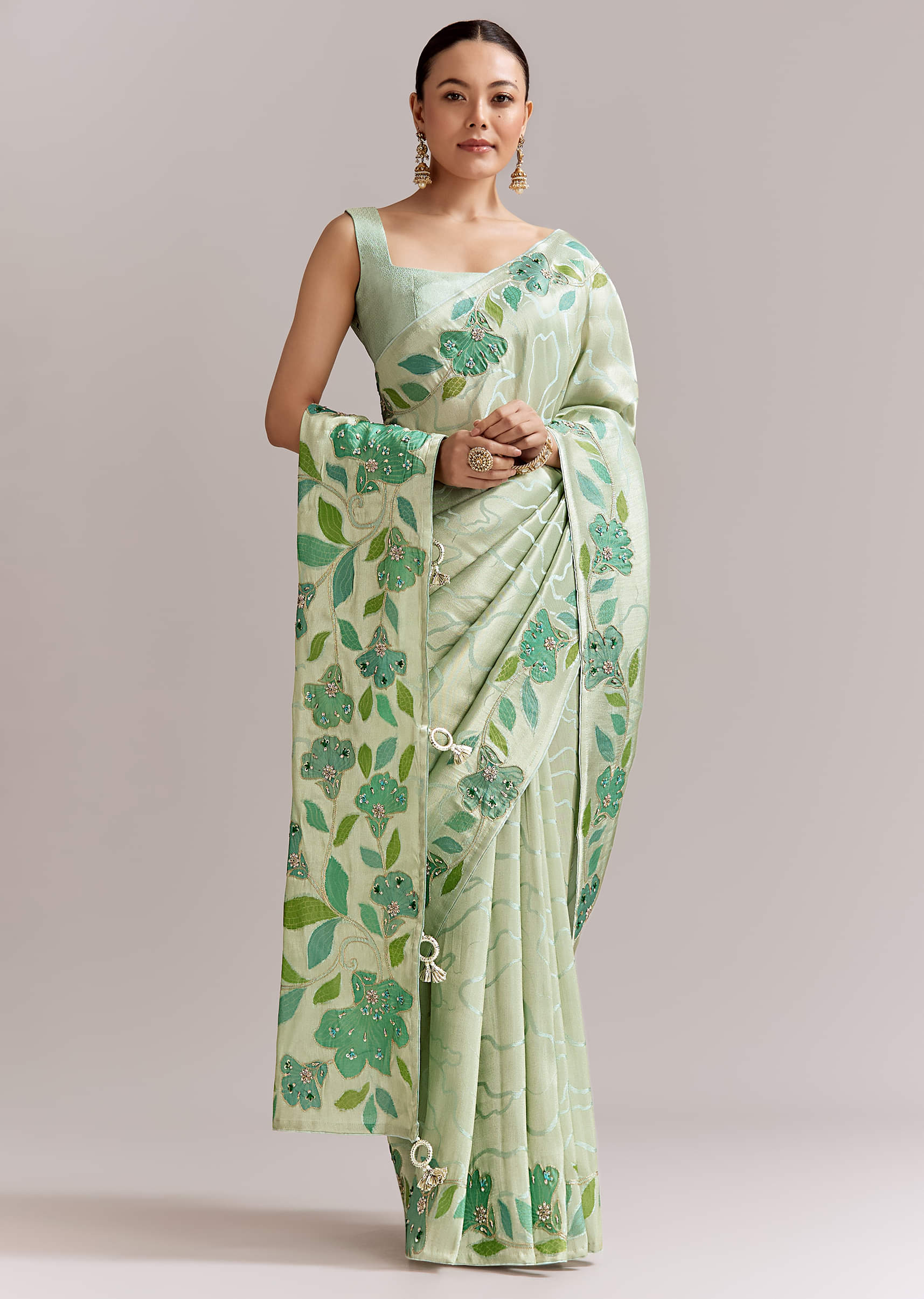 Mint Green Satin Printed Saree With Digital Florals - Image 3