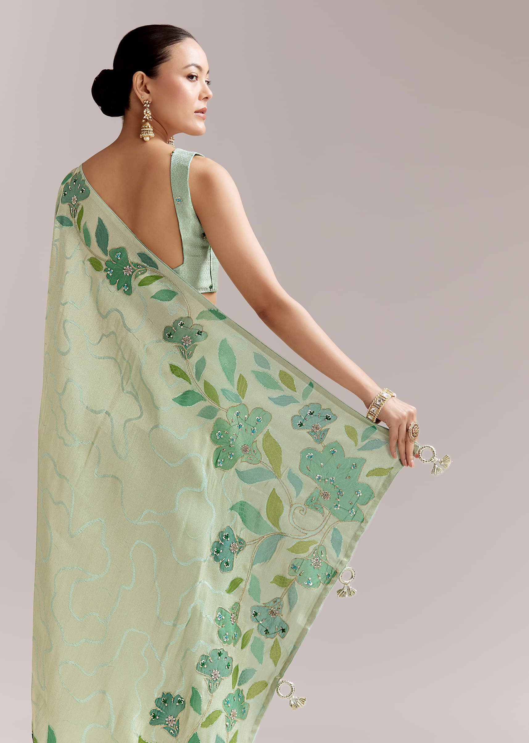 Mint Green Satin Printed Saree With Digital Florals - Image 6