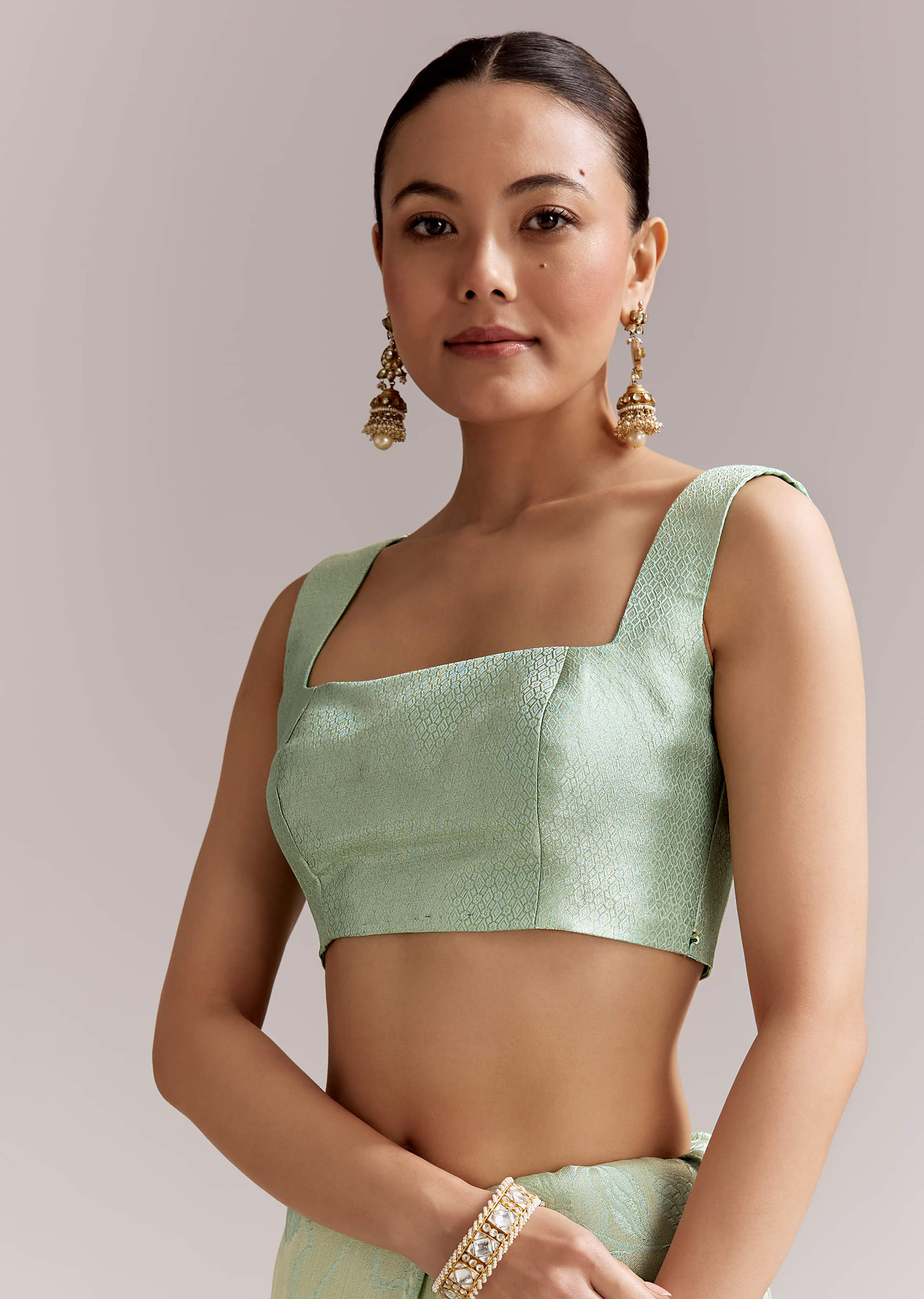 Mint Green Satin Printed Saree With Digital Florals - Image 7