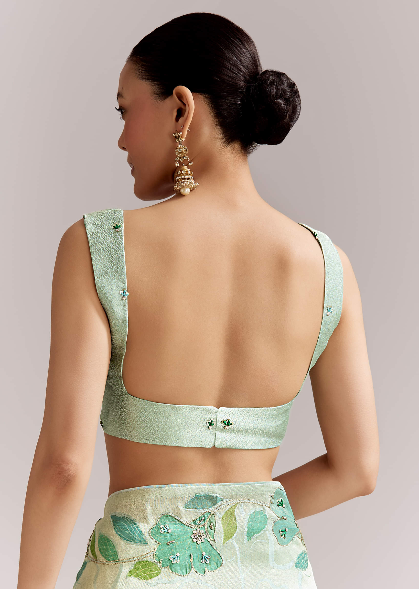 Mint Green Satin Printed Saree With Digital Florals - Image 8