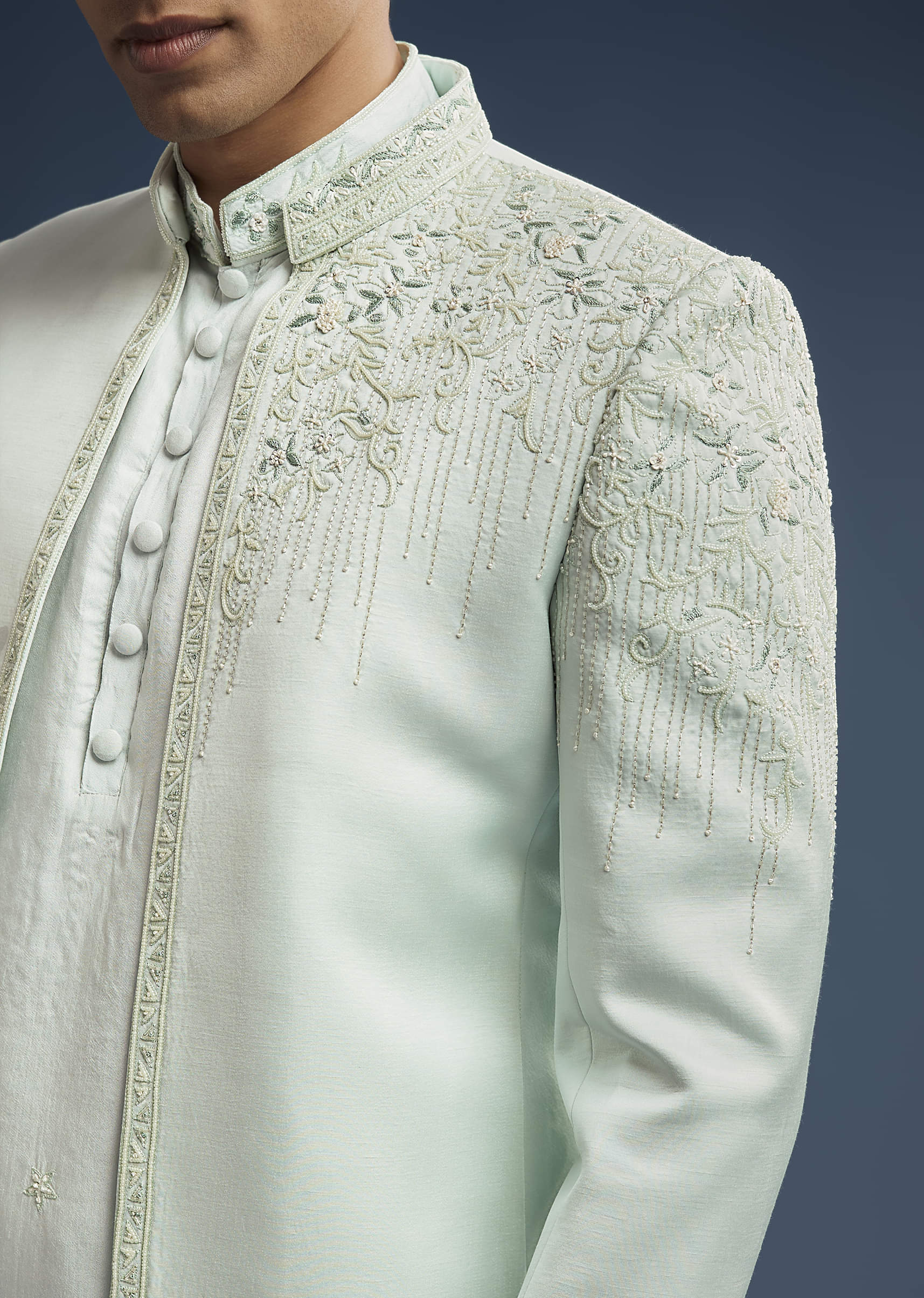 Mint Green Silk Jodhpuri Suit For Men With Zardosi Embroidery