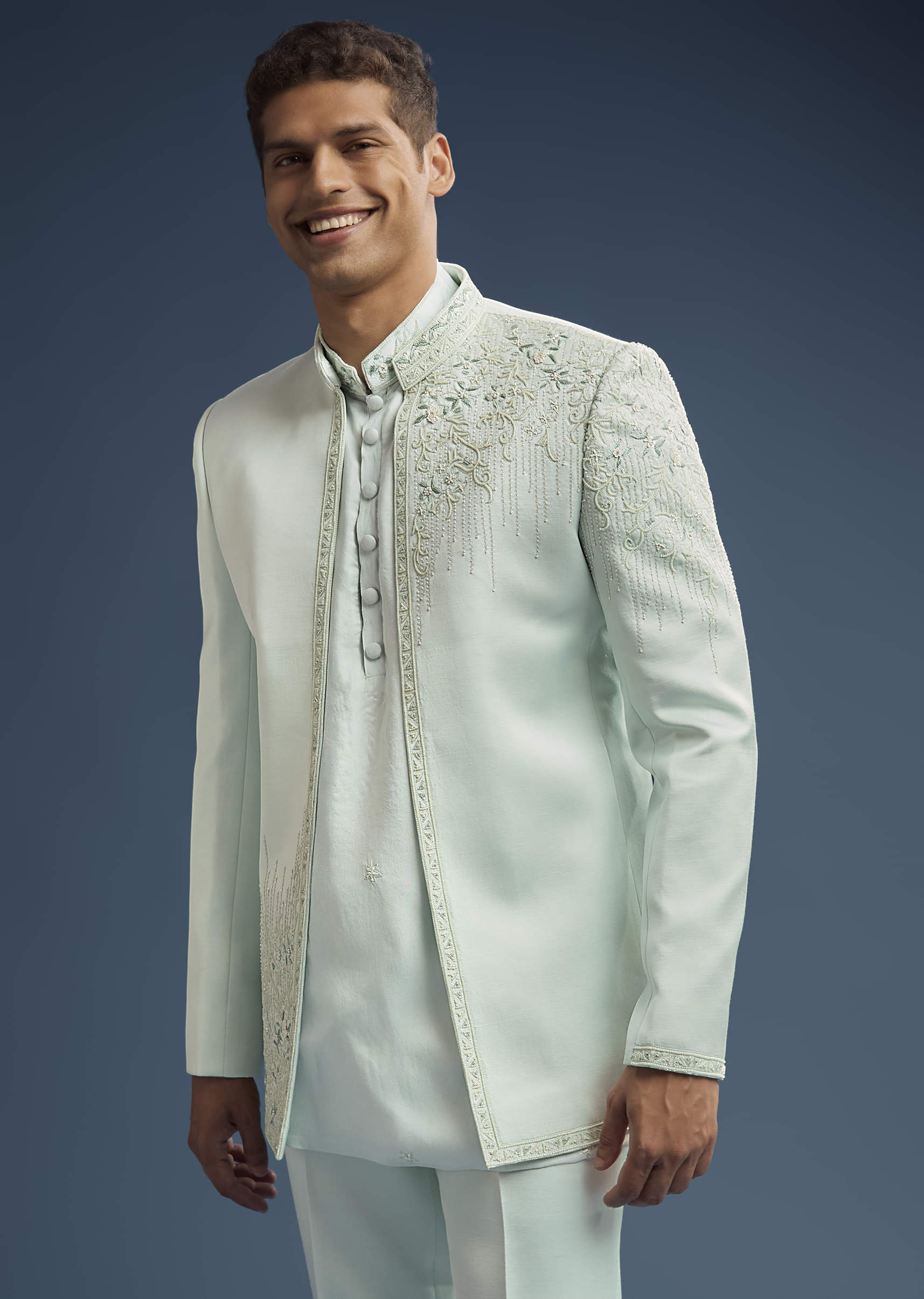 Mint Green Silk Jodhpuri Suit For Men With Zardosi Embroidery - Image 3