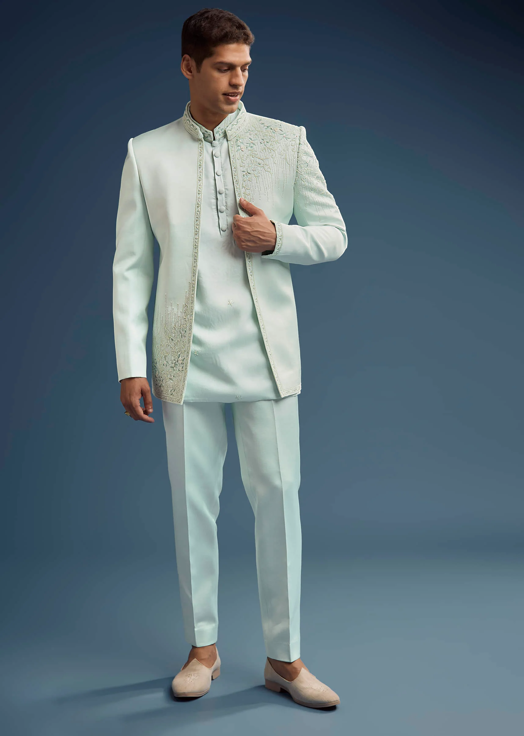 Mint Green Silk Jodhpuri Suit For Men With Zardosi Embroidery - Image 4
