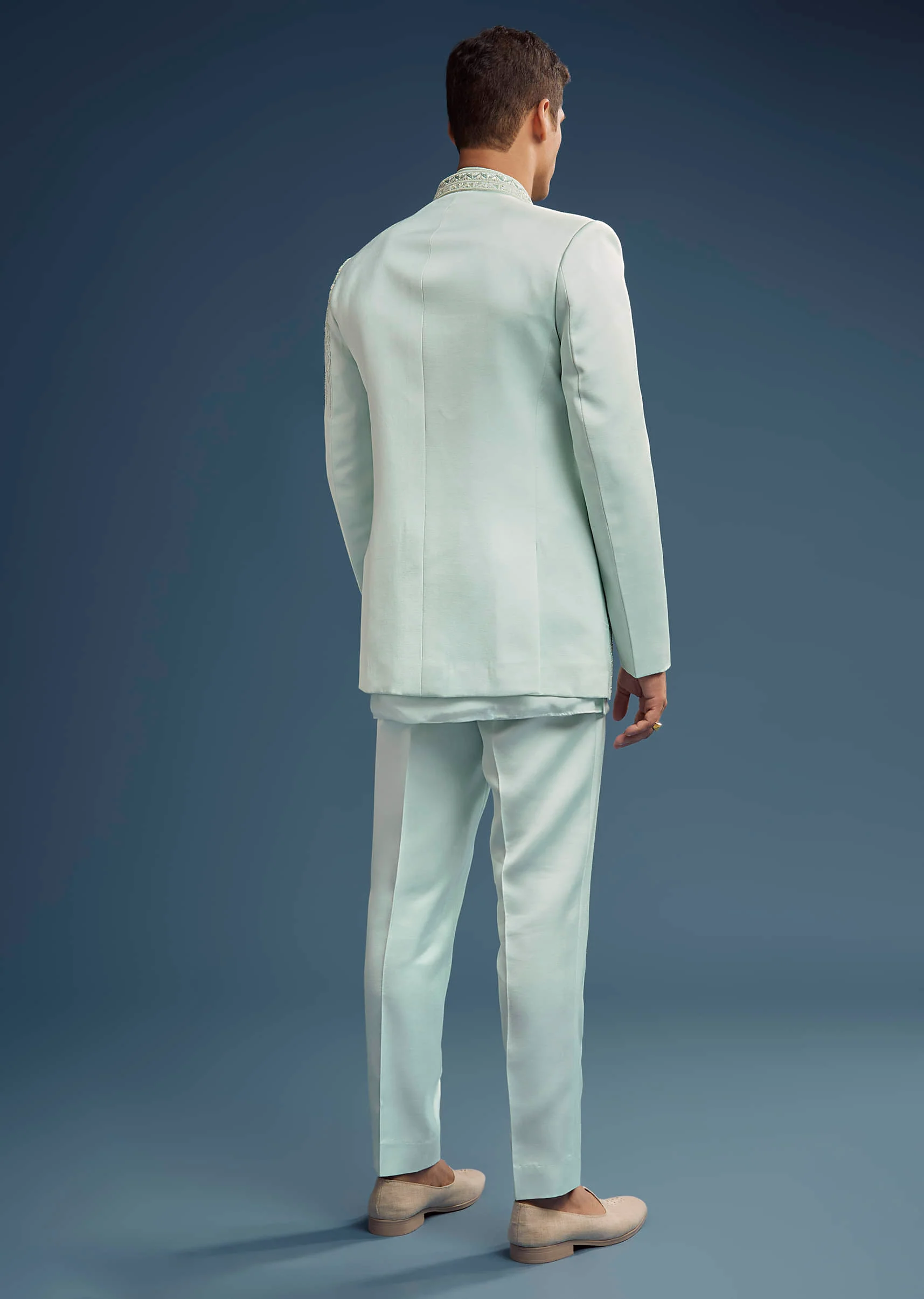 Mint Green Silk Jodhpuri Suit For Men With Zardosi Embroidery - Image 5