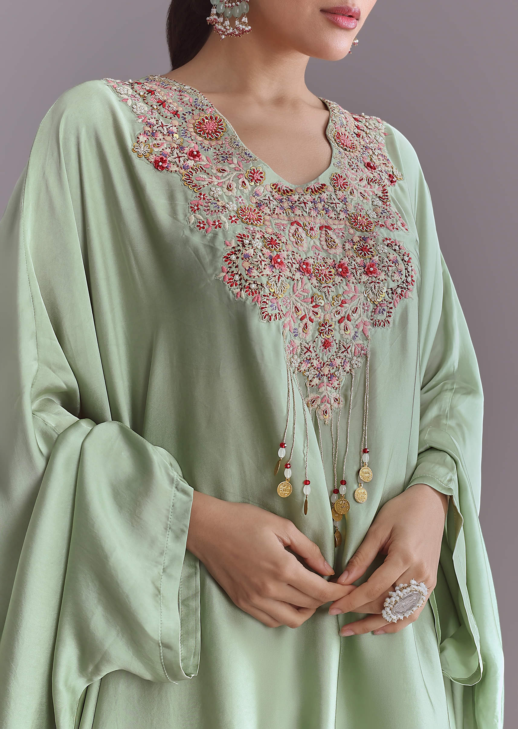 Mint Green Silk Kaftan Top And Drape Skirt Set With Resham Work - Image 2