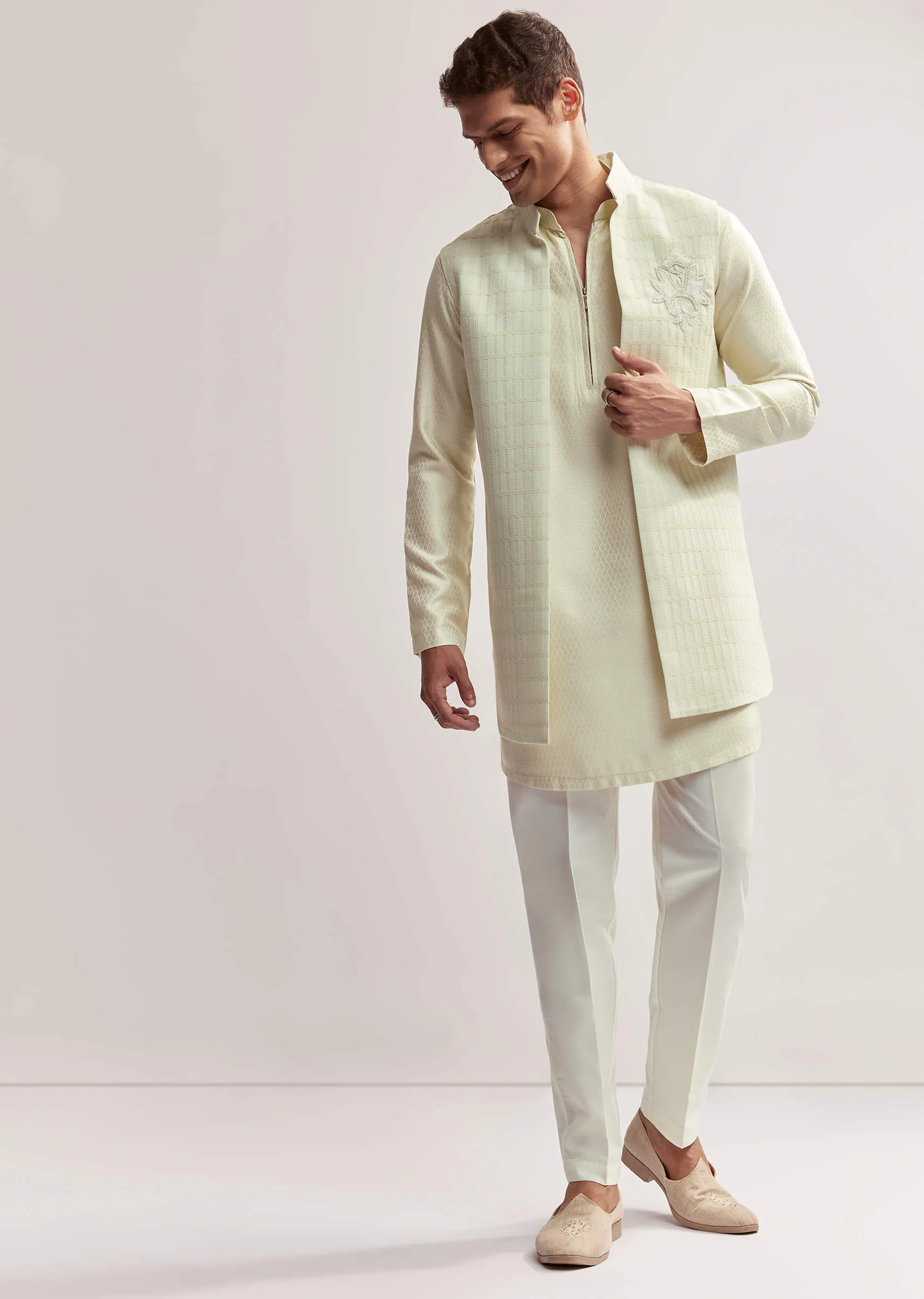 Mint Green Silk Kurta Jacket Set For Men With Cutdana Motif - Image 4