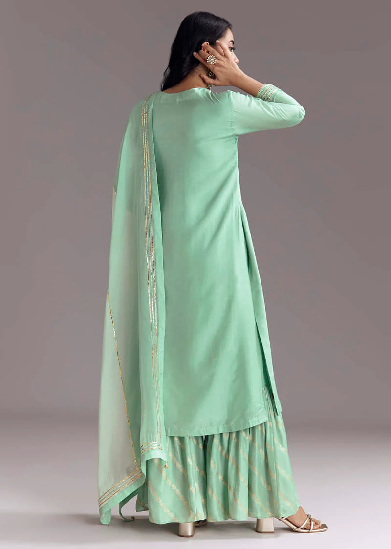 Mint Green Silk Kurta Sharara Set With Gotta Work - Image 6