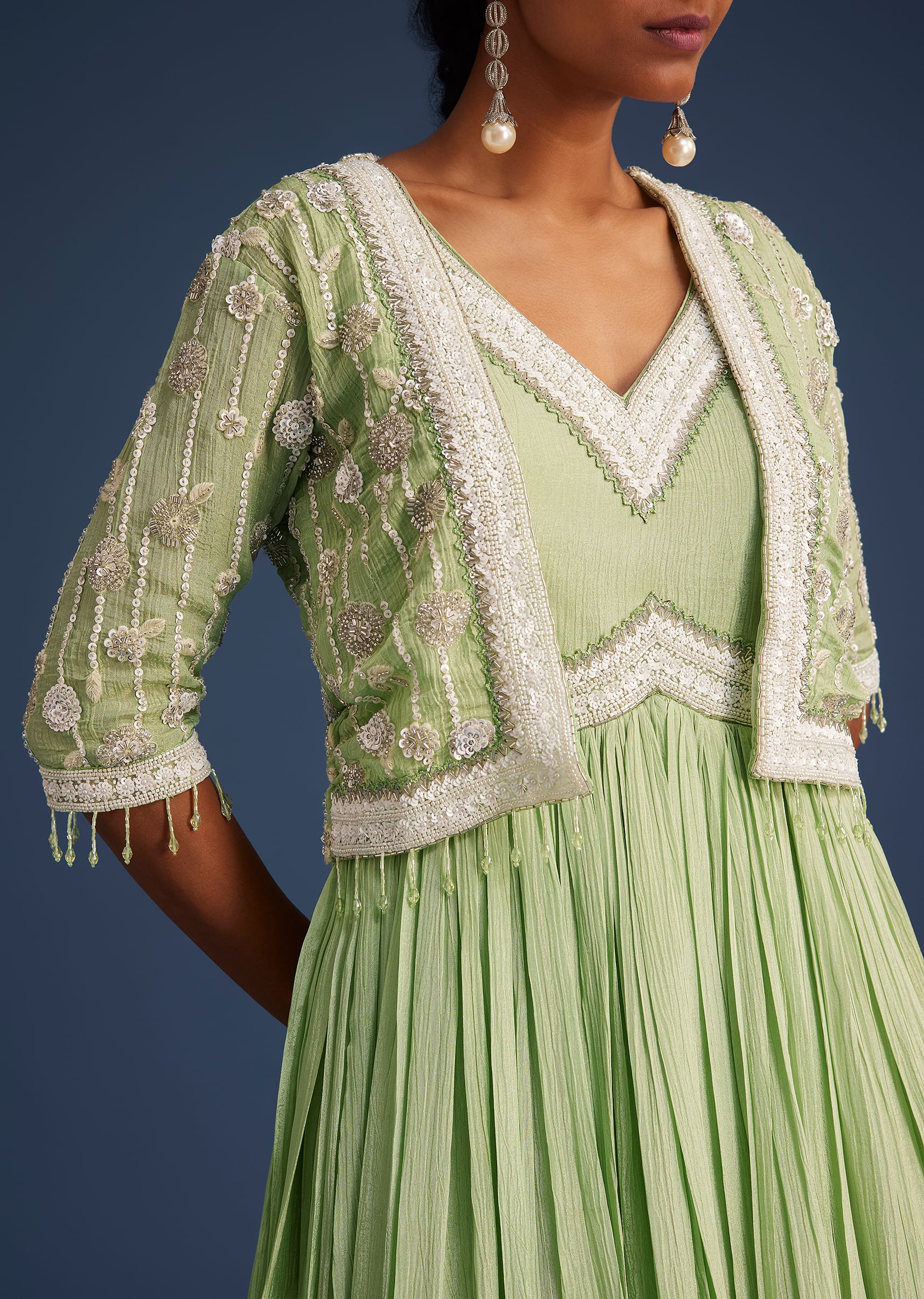 Mint Green Tissue Gown With Embroidered Jacket - Image 2
