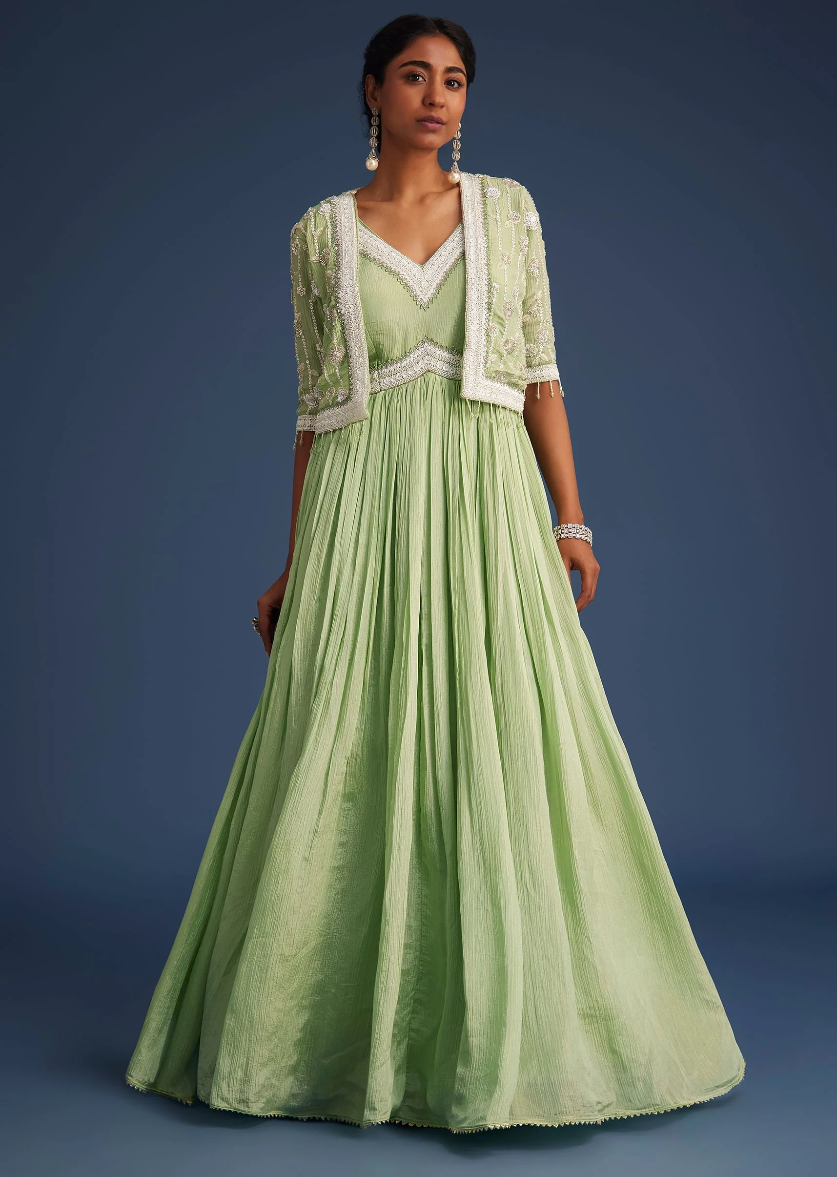 Mint Green Tissue Gown With Embroidered Jacket - Image 3