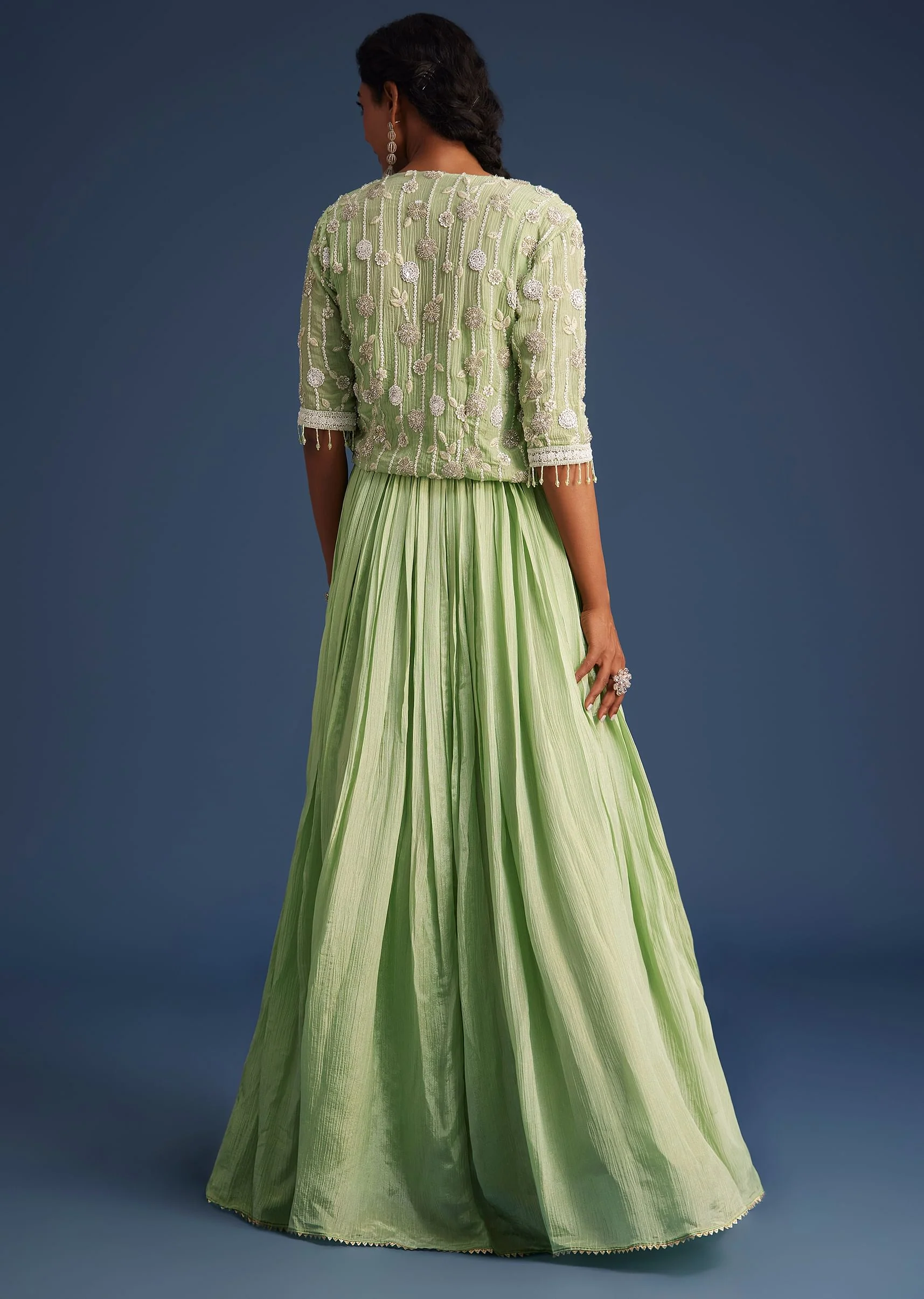 Mint Green Tissue Gown With Embroidered Jacket - Image 5