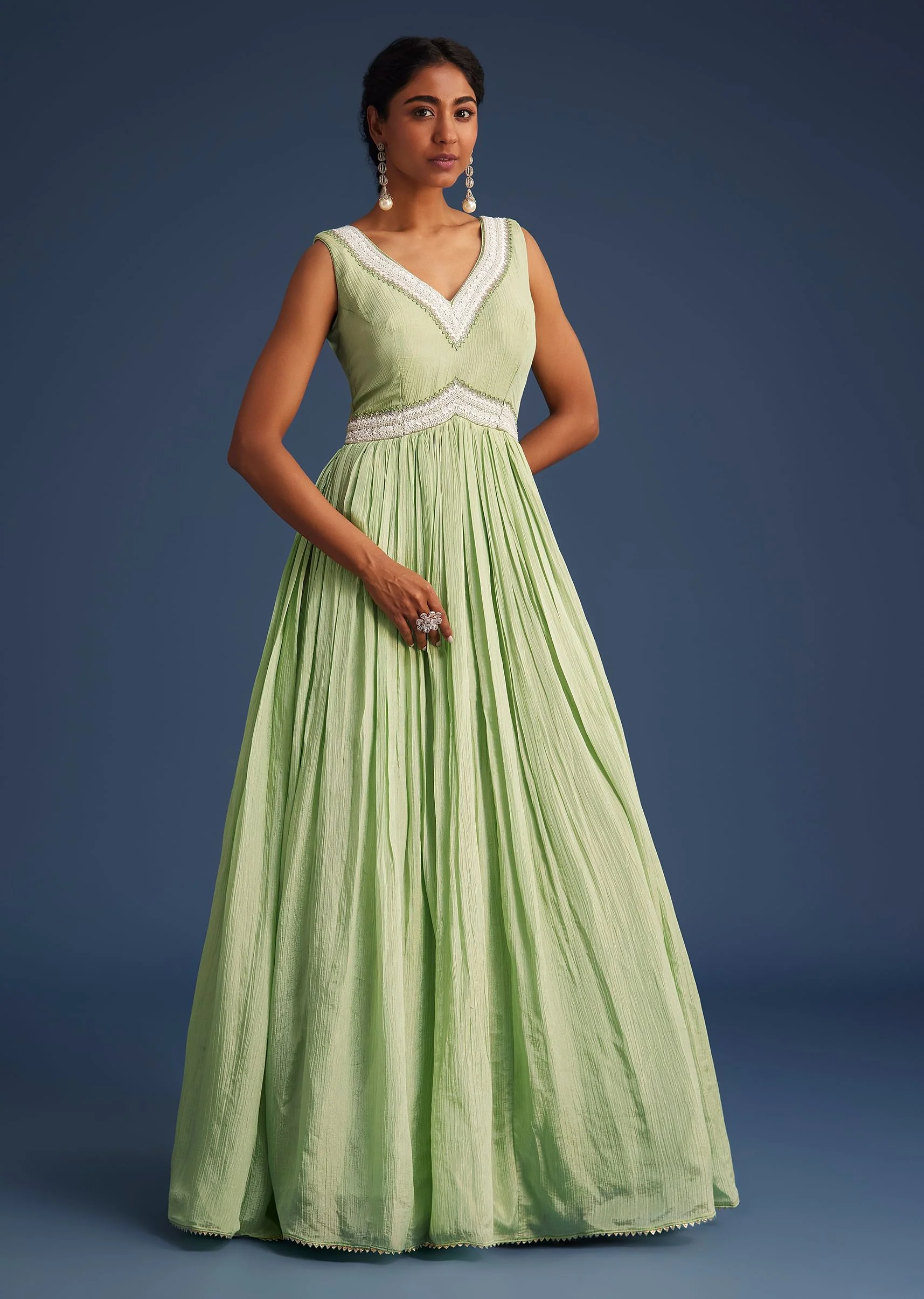 Mint Green Tissue Gown With Embroidered Jacket - Image 6