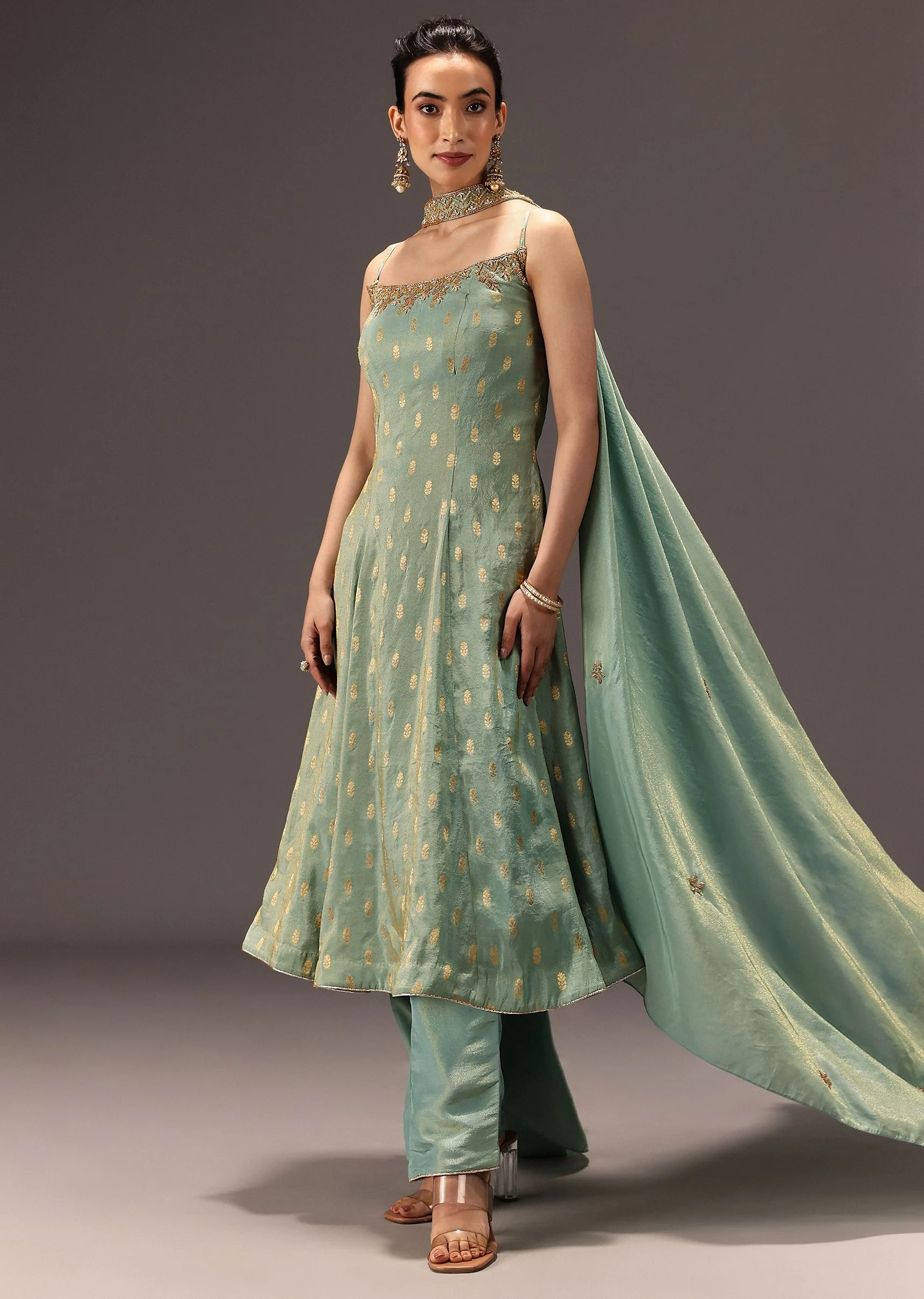 Mint Green Tissue Hand Embroidered Kurta Set - Image 3