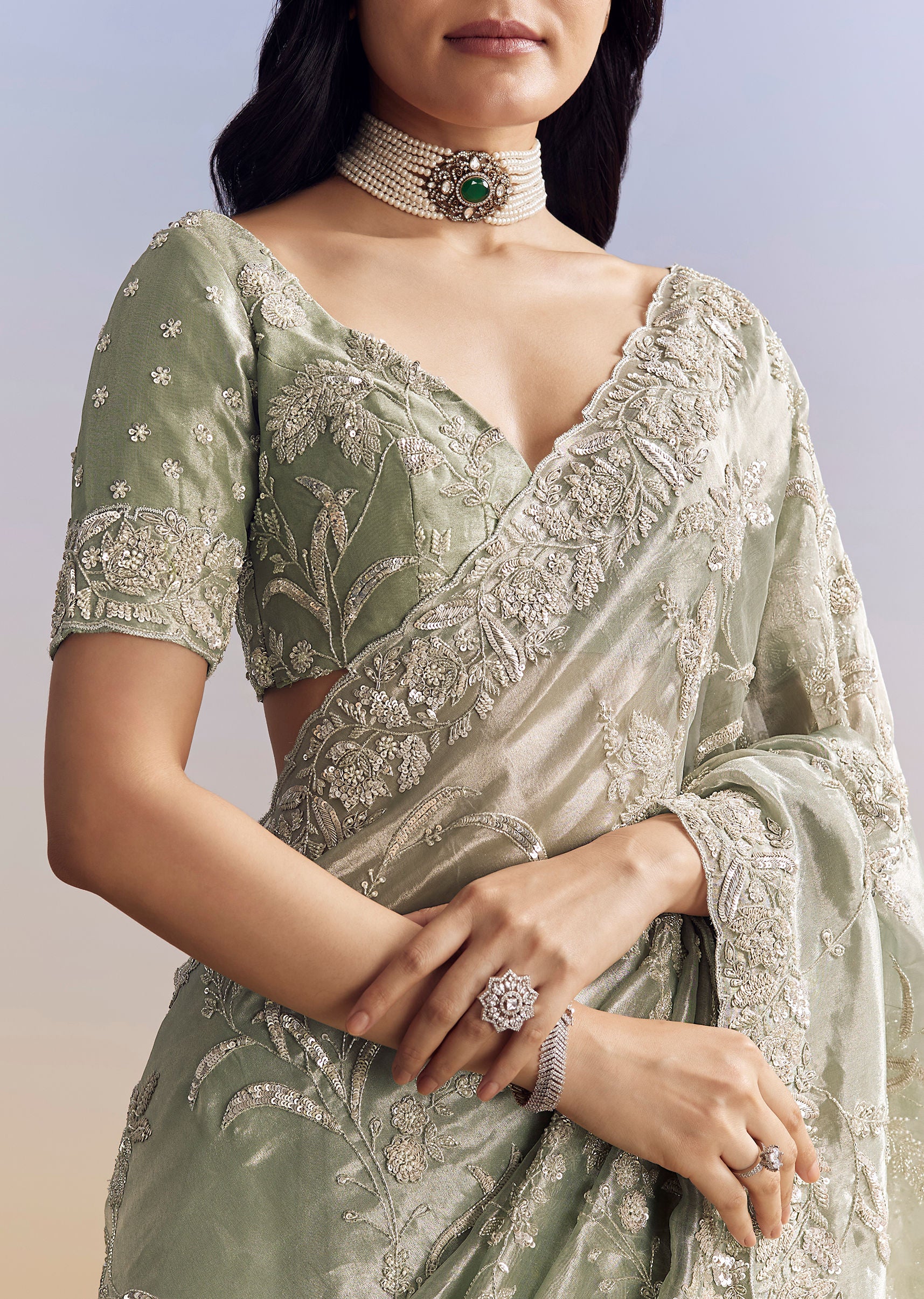 Mint Green Tissue Saree With Heavily Embroidered Finish - Image 2